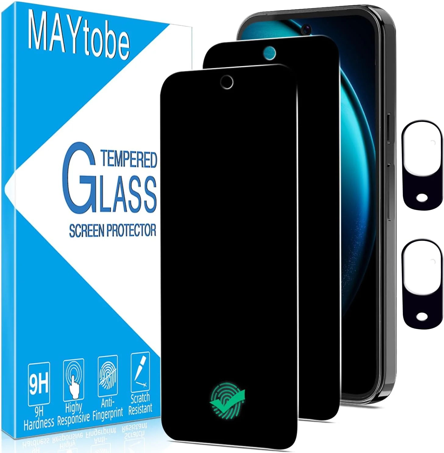 محافظ صفحه نمایش حریم خصوصی MAYtobe بسته 2 عددی برای گوگل پیکسل 9 به همراه محافظ لنز دوربین بسته 2 عددی، شیشه حرارت دیده ضد جاسوسی، سازگار با قاب، ضد خش، فوق العاده مقاوم، حساس به لمس، بدون حباب