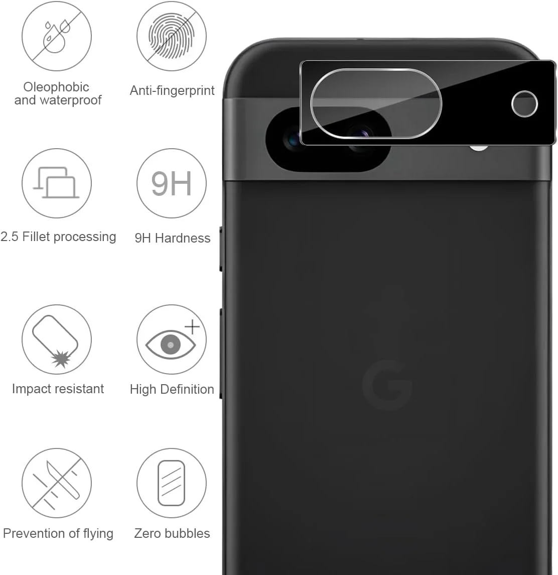 GEEMEE For Google Pixel 8A Camera Tempered Glass Screen Protector, 2 Pack 9H Hardness Full Coverage Tempered Glass Screen Protector