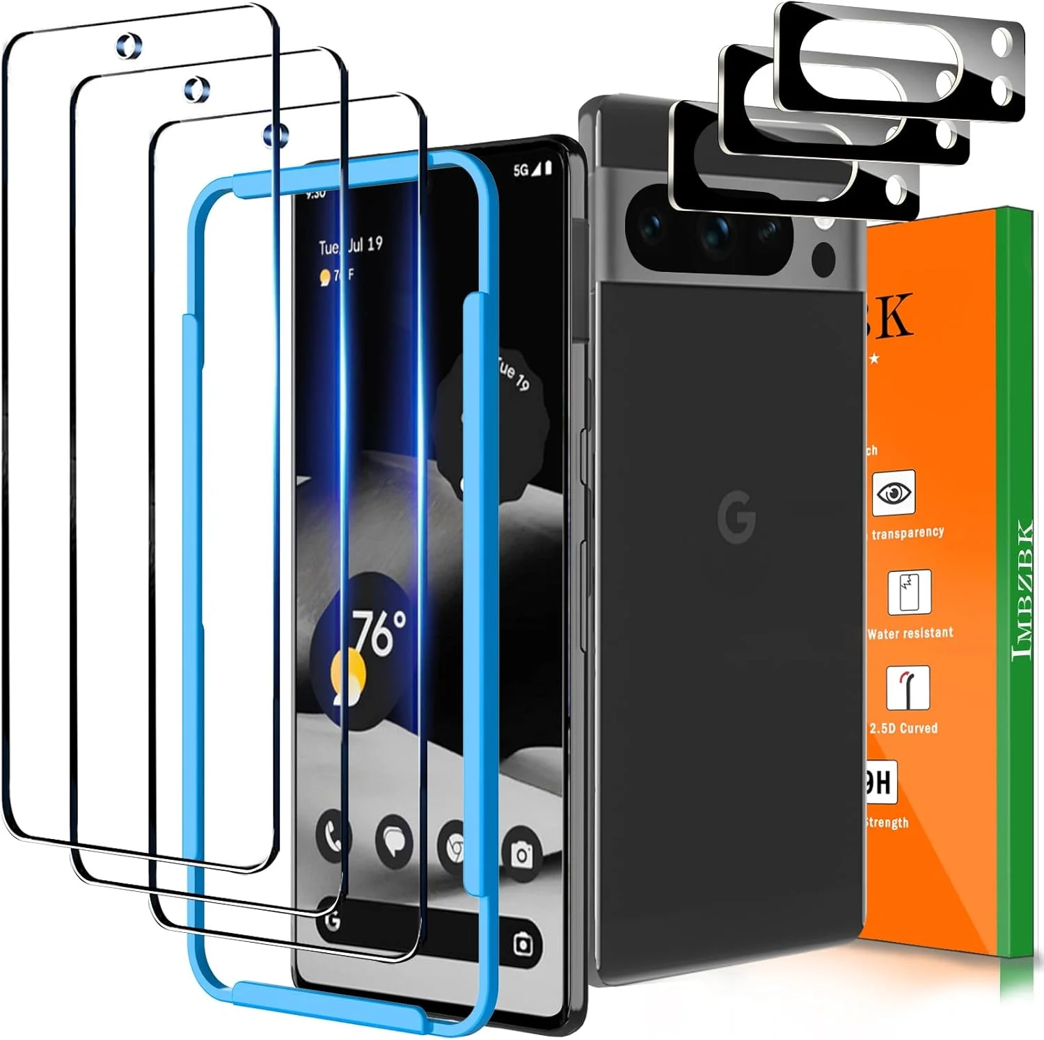 IMBZBK محافظ شیشه ای تمپرد برای گوگل پیکسل 8 پرو، بسته 3 عددی، محافظ صفحه نمایش 9H به همراه 3 عدد لوازم جانبی محافظ دوربین HD، سازگار با دماسنج و باز کردن قفل اثر انگشت