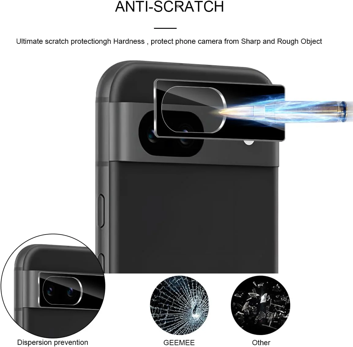 GEEMEE For Google Pixel 8A Camera Tempered Glass Screen Protector, 2 Pack 9H Hardness Full Coverage Tempered Glass Screen Protector