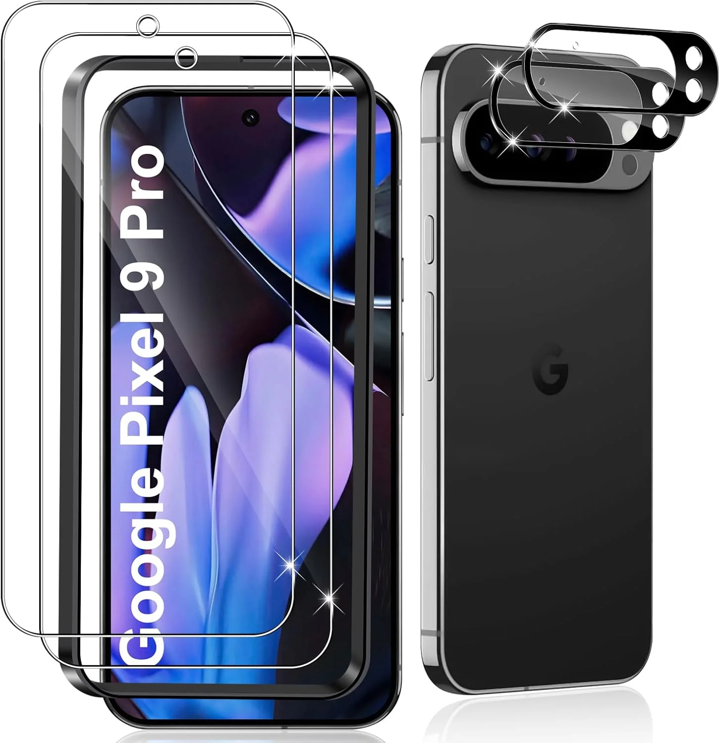 محافظ صفحه نمایش داتری برای گوگل پیکسل 9 پرو، 2 عدد محافظ صفحه نمایش به همراه 2 عدد محافظ لنز دوربین (مشکی) سختی 9H، بدون حباب، فیلم شیشه ای سخت شده ضد خش HD