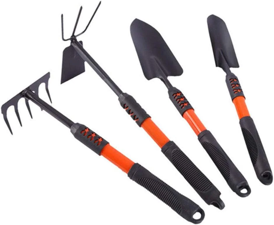 ست باغبانی چهار تکه شامل بیلچه گل پنج دندانه، دسته لاستیکی مشکی، دو منظوره، ابزار باغبانی کشاورزی، بیل تلسکوپی و کج بیل