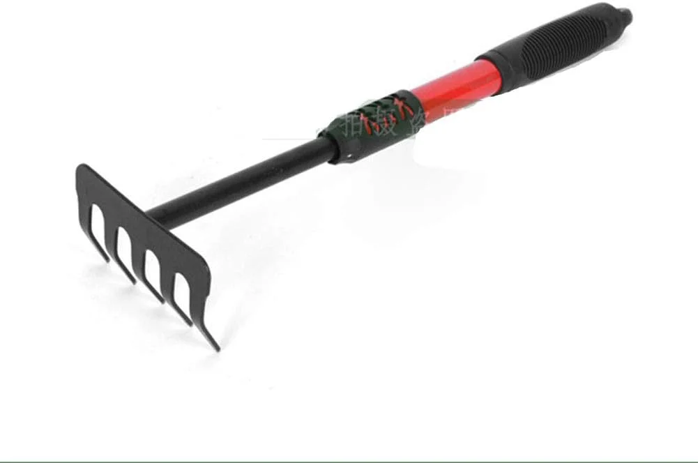 ست باغبانی چهار تکه شامل بیلچه گل پنج دندانه، دسته لاستیکی مشکی، دو منظوره، ابزار باغبانی کشاورزی، بیل تلسکوپی و کج بیل