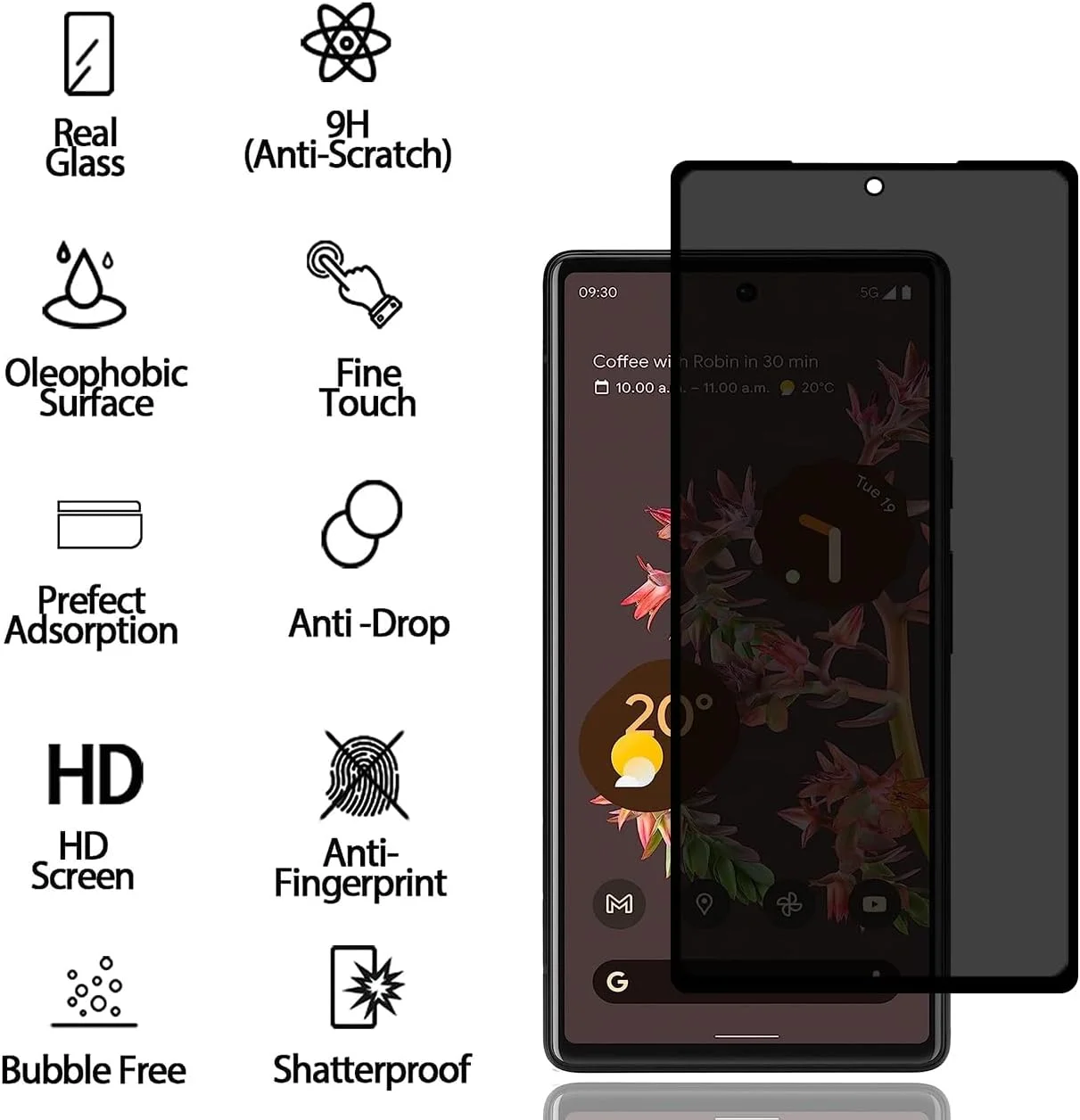 محافظ صفحه نمایش حریم خصوصی برای گوگل پیکسل 6 [بسته 2 عددی]، فیلم شیشه ای حرارت دیده ضد جاسوسی، سختی 9H، ضد خش، ضد اثر انگشت، بدون حباب، نصب آسان، محافظ صفحه نمایش ضد جاسوسی برای گوگل پیکسل 6