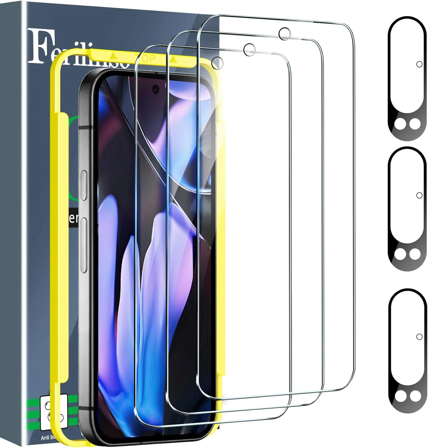 محافظ صفحه نمایش فول کاور Ferilinso بسته 3 عددی برای Google Pixel 9 Pro XL [سازگار با قاب گوشی]، لوازم جانبی محافظ لنز دوربین بسته 3 عددی