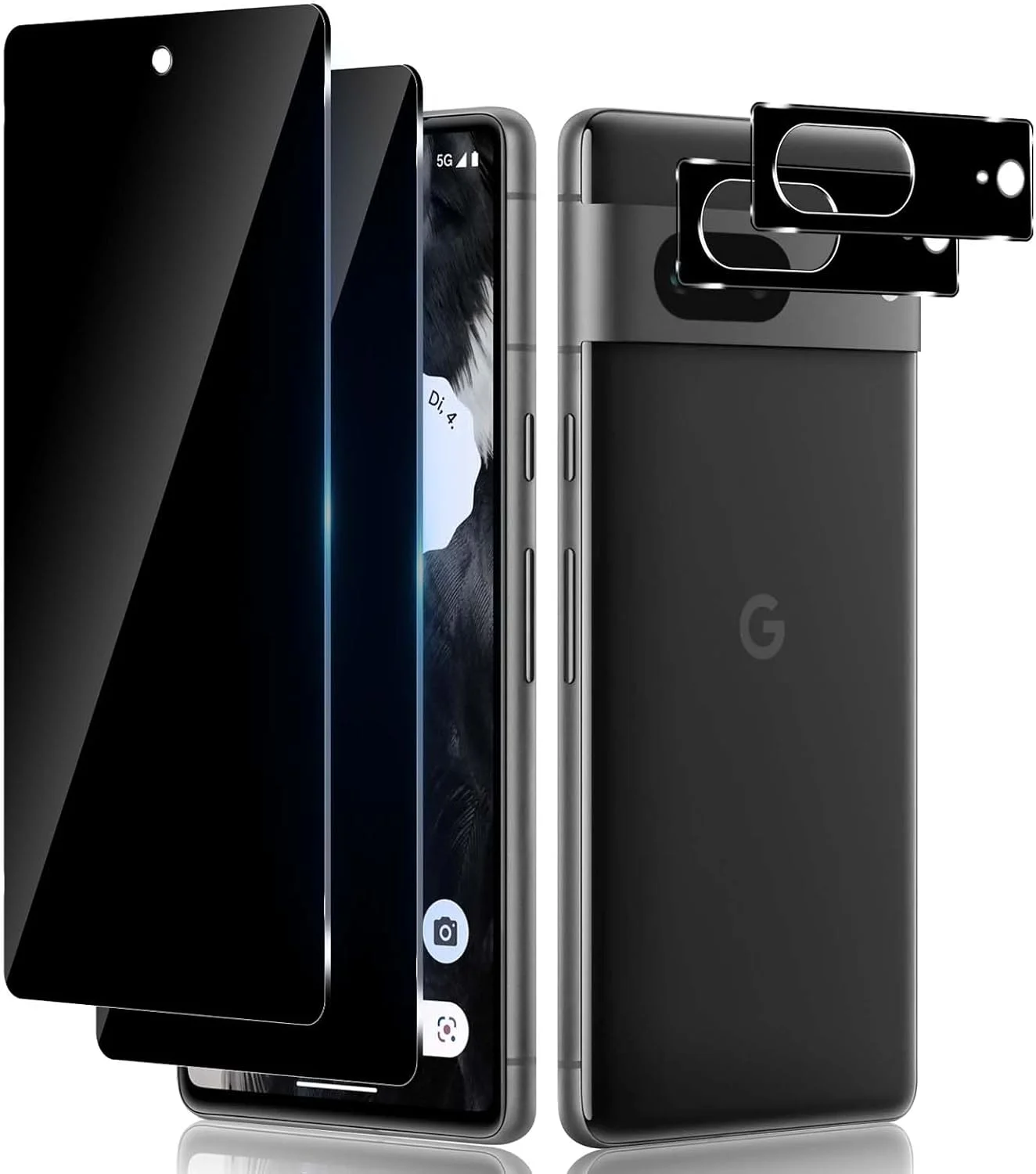 محافظ حریم خصوصی شیشه ای Lutree برای گوگل پیکسل 7، بسته 2+2 محافظ صفحه نمایش ضد جاسوسی + فیلم محافظ لنز دوربین (مشکی)، سختی 9H ضد خش و ضد دید