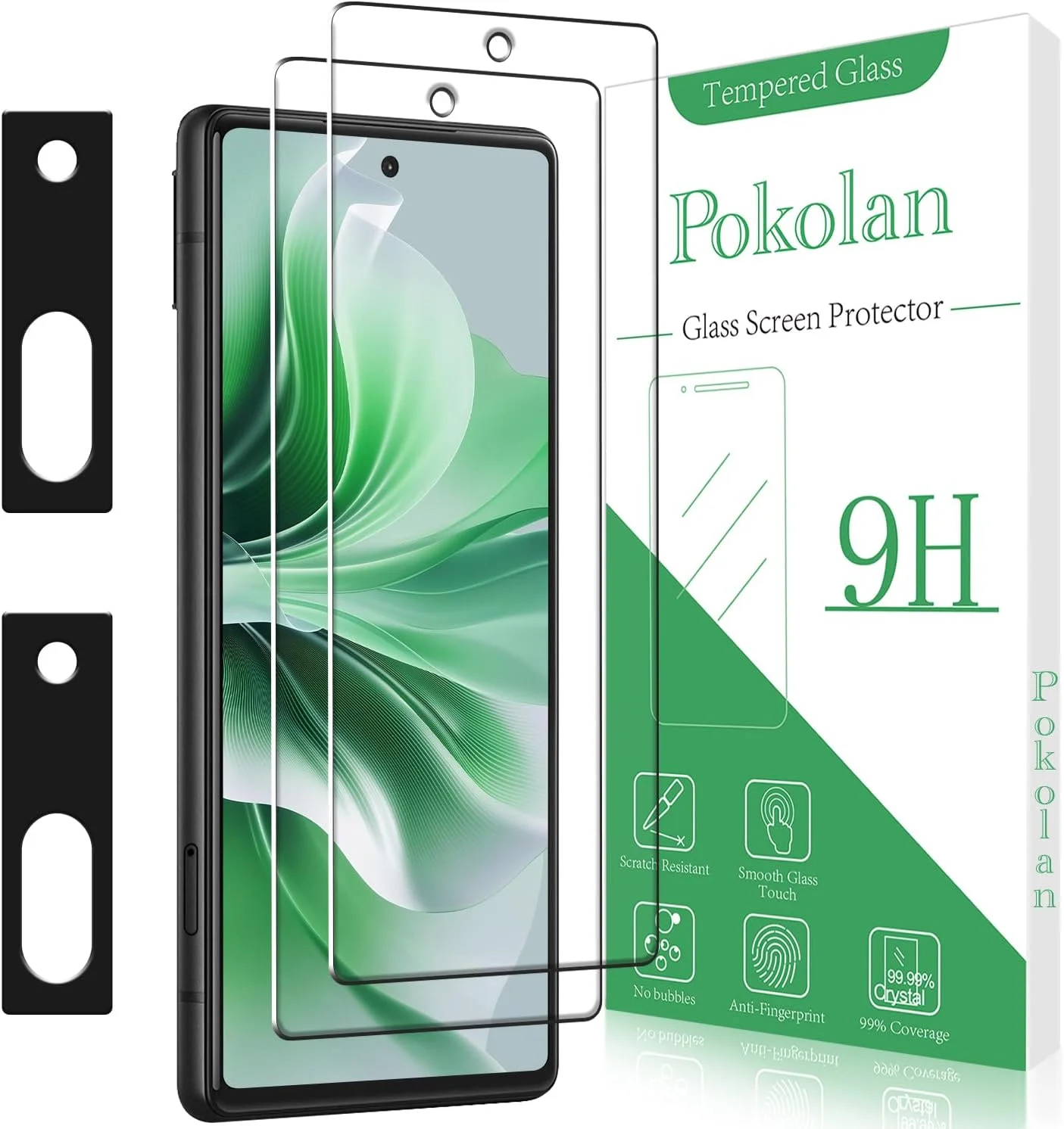 محافظ صفحه نمایش شیشه ای حرارت دیده Pokolan بسته 2+2 عددی برای Google Pixel 6A 5G، به همراه محافظ لنز دوربین، سختی 9H، بدون حباب، ضد خش، فوق العاده مقاوم