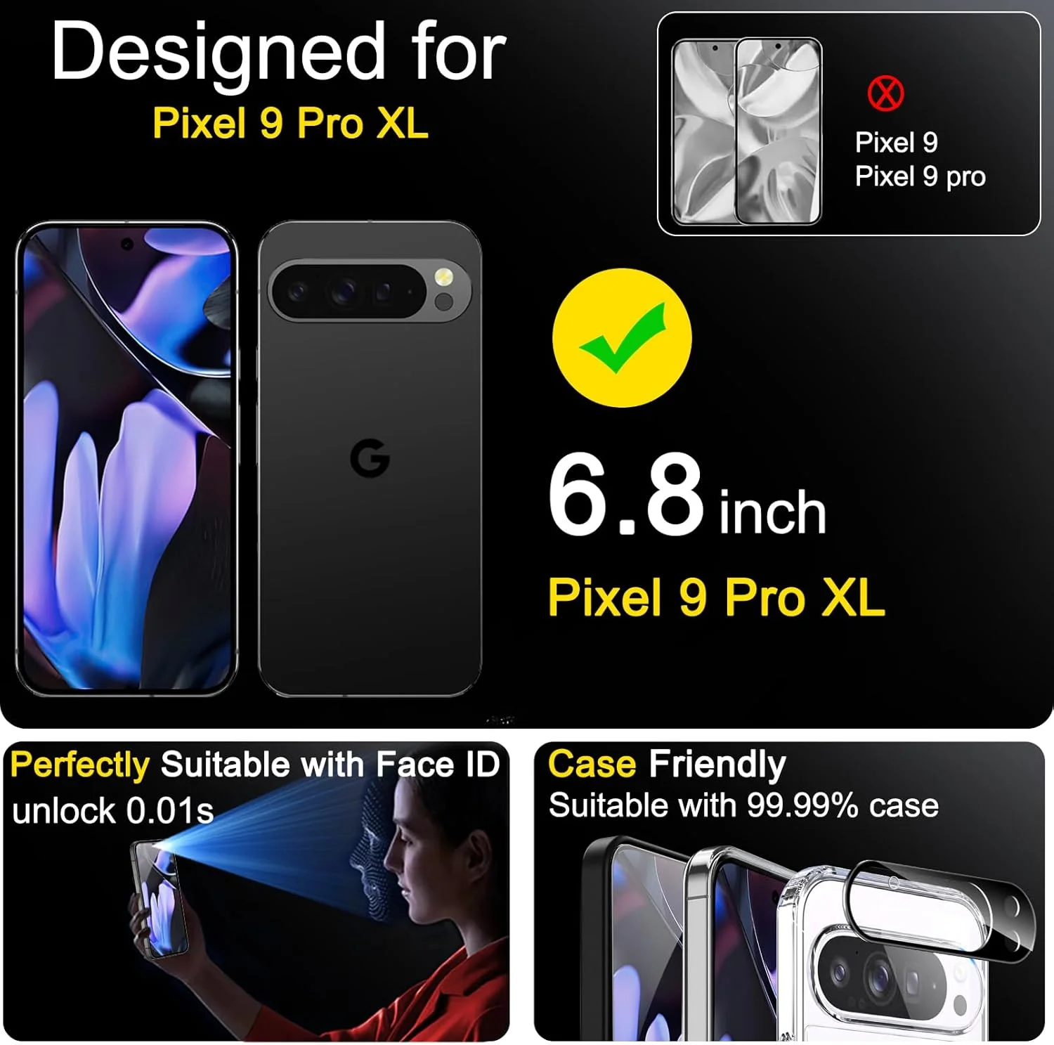 محافظ صفحه نمایش فول کاور Ferilinso بسته 3 عددی برای Google Pixel 9 Pro XL [سازگار با قاب گوشی]، لوازم جانبی محافظ لنز دوربین بسته 3 عددی