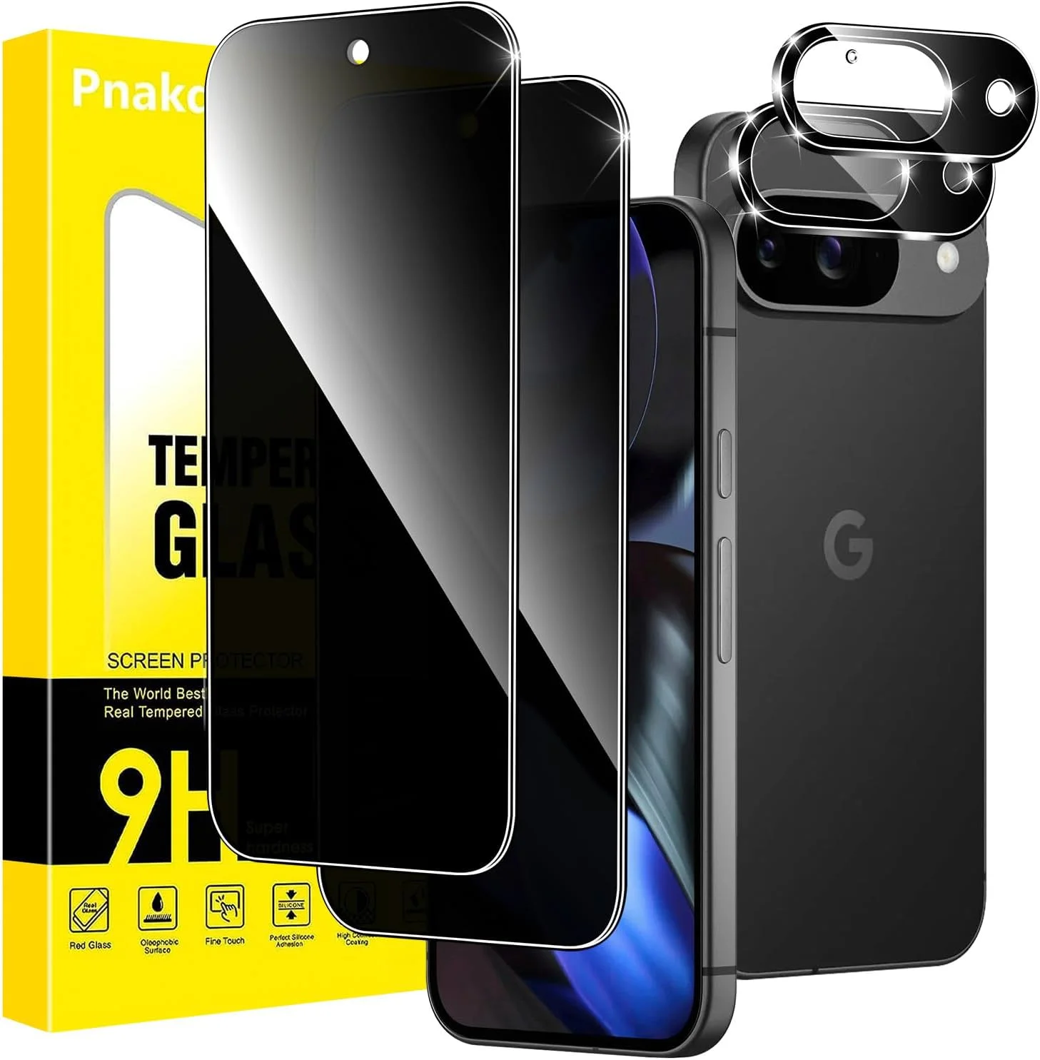 محافظ صفحه نمایش حریم خصوصی Pnakqil برای گوگل پیکسل 9 5G با محافظ صفحه دوربین، شیشه حرارت دیده ضد جاسوسی، محافظ صفحه نمایش با زاویه ضد جاسوسی 28 درجه، بسته 2 عددی