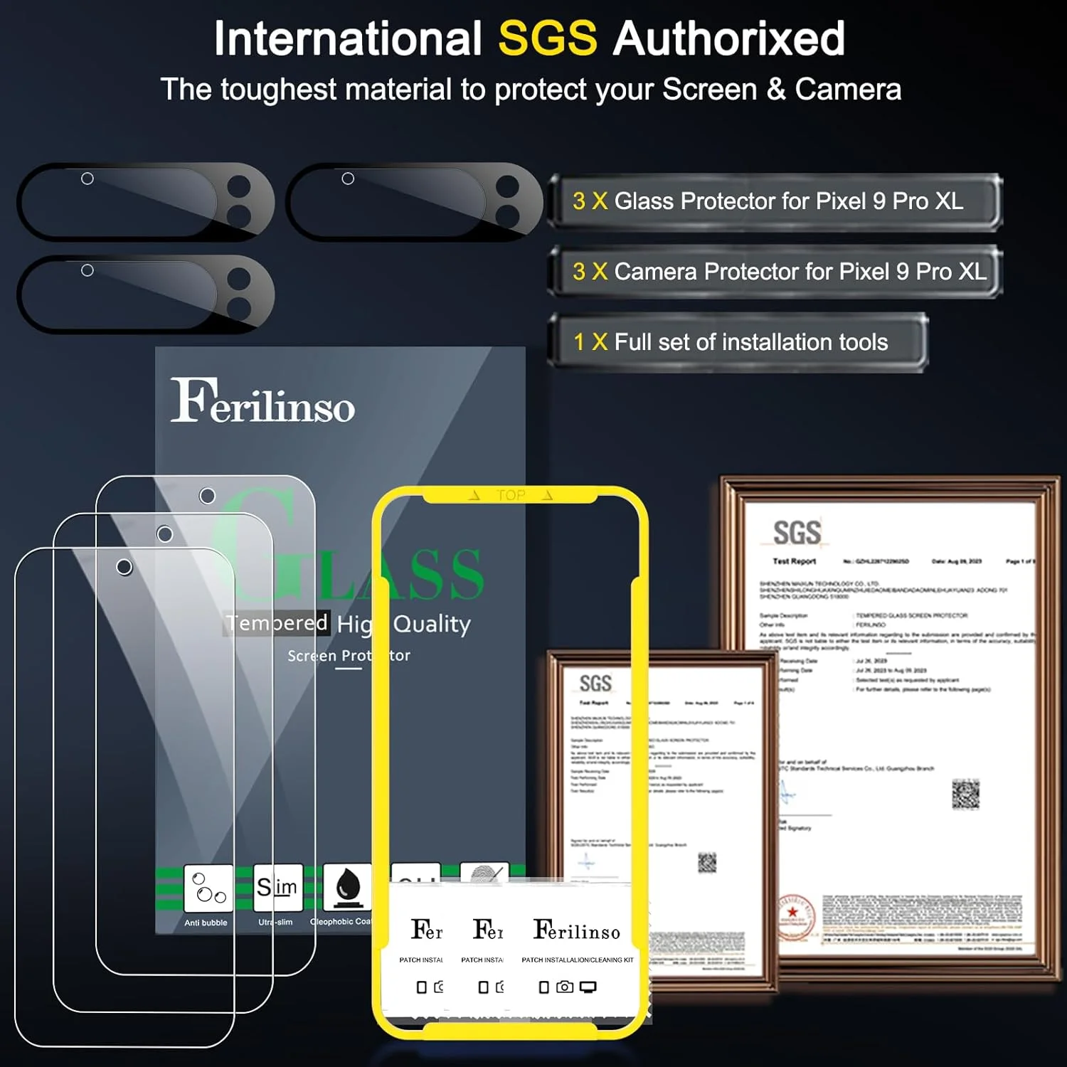 محافظ صفحه نمایش فول کاور Ferilinso بسته 3 عددی برای Google Pixel 9 Pro XL [سازگار با قاب گوشی]، لوازم جانبی محافظ لنز دوربین بسته 3 عددی