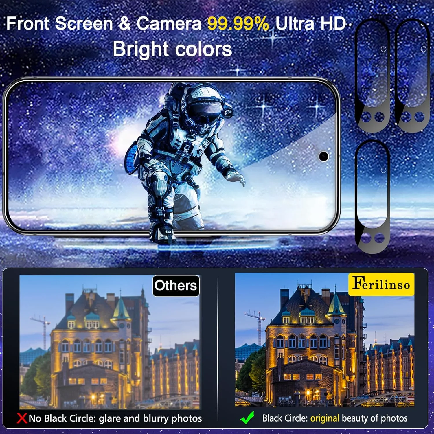 محافظ صفحه نمایش فول کاور Ferilinso بسته 3 عددی برای Google Pixel 9 Pro XL [سازگار با قاب گوشی]، لوازم جانبی محافظ لنز دوربین بسته 3 عددی