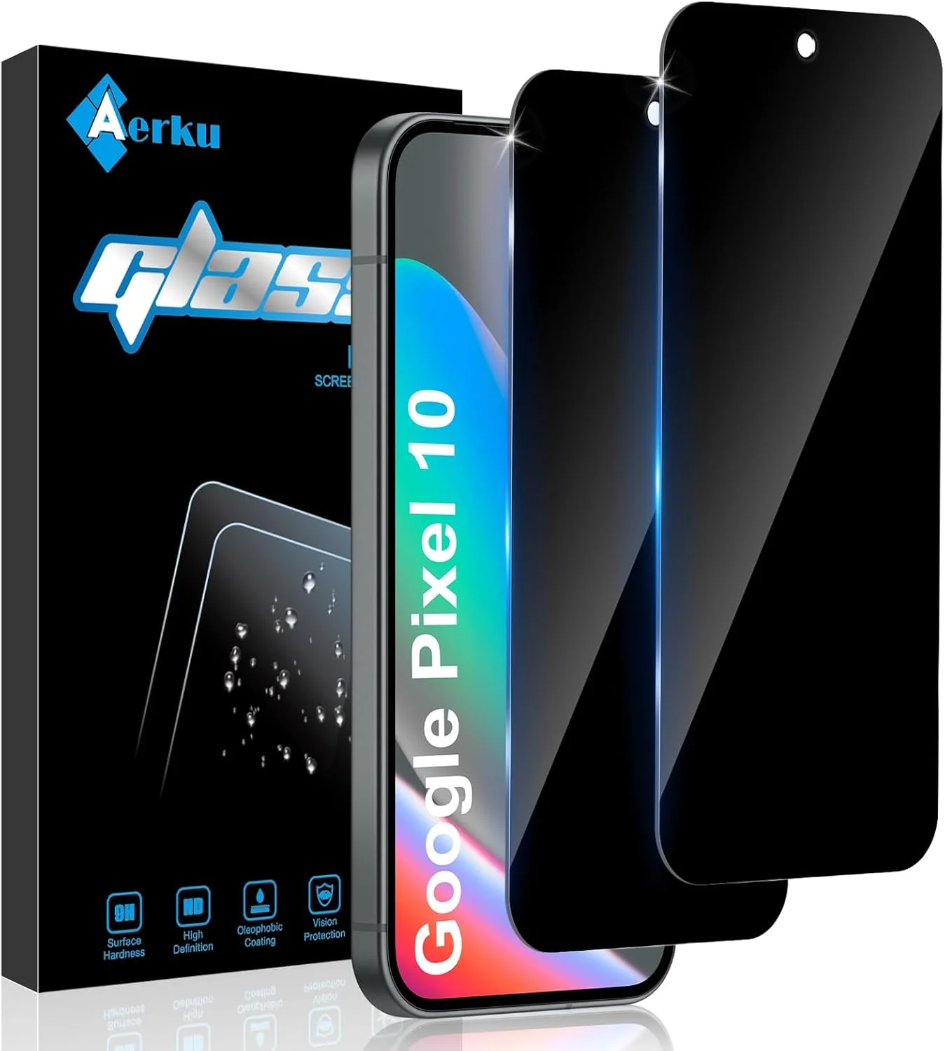 محافظ صفحه نمایش حریم خصوصی Aerku بسته 2 عددی برای گوگل پیکسل 10، شیشه حرارت دیده، شیشه محافظ حریم خصوصی، سختی 9H، ضد اثر انگشت، لبه سیاه، فیلم شیشه ای حرارت دیده ضد جاسوسی