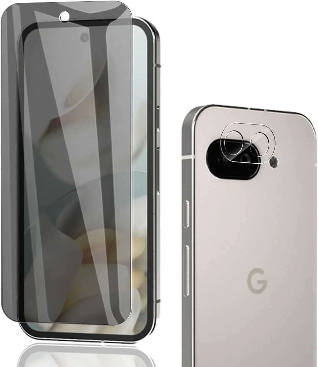 محافظ صفحه نمایش حریم خصوصی Phlleyaa برای گوگل پیکسل 9A، 1 عدد فیلم ضد جاسوسی + 1 عدد محافظ دوربین پشتی، سختی 9H، ضد خش، بدون حباب برای محافظ صفحه نمایش گوگل پیکسل 9A