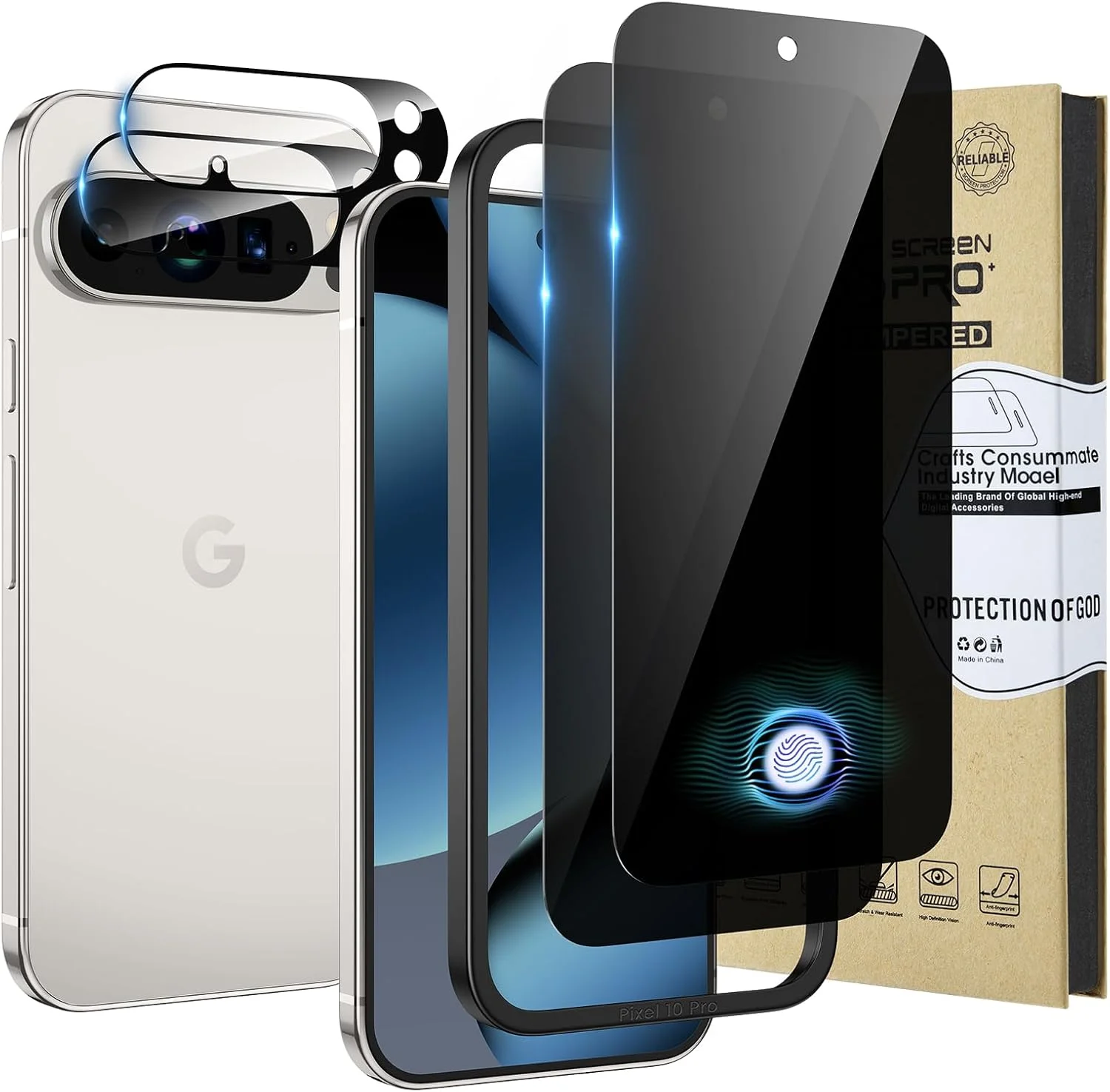 محافظ صفحه نمایش حریم خصوصی HWeggo برای گوگل پیکسل پرو به همراه محافظ لنز دوربین، فیلم شیشه ای حرارت دیده، سختی 9H HD، پشتیبانی از باز کردن قفل اثر انگشت، بسته 2 عددی