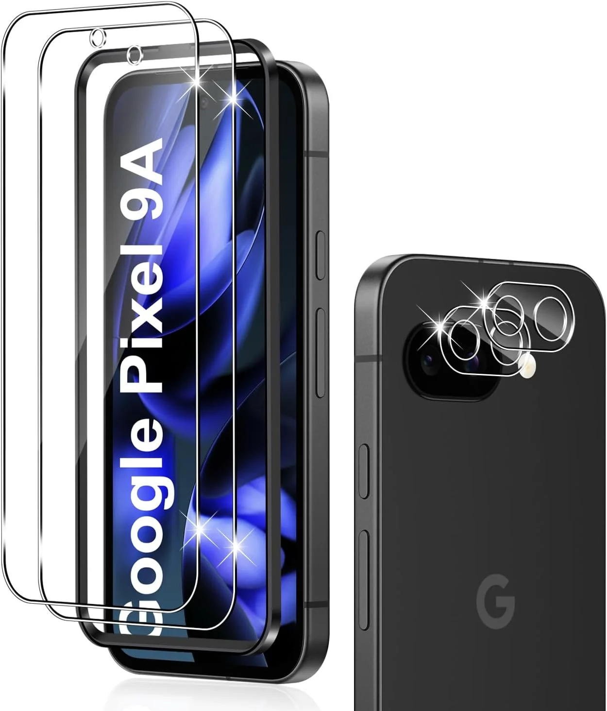 محافظ صفحه نمایش شیشه ای و فیلم محافظ دوربین Holilo [2+2 تکه برای گوگل پیکسل 9A]، ضد خش با سختی 9H، بدون حباب