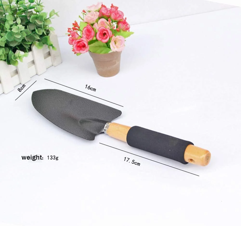 ست باغبانی پنج تکه دسته مشکی شامل بیل بزرگ، بیل کوچک، شن کش، بیلچه گل و ابزار باغبانی دو منظوره