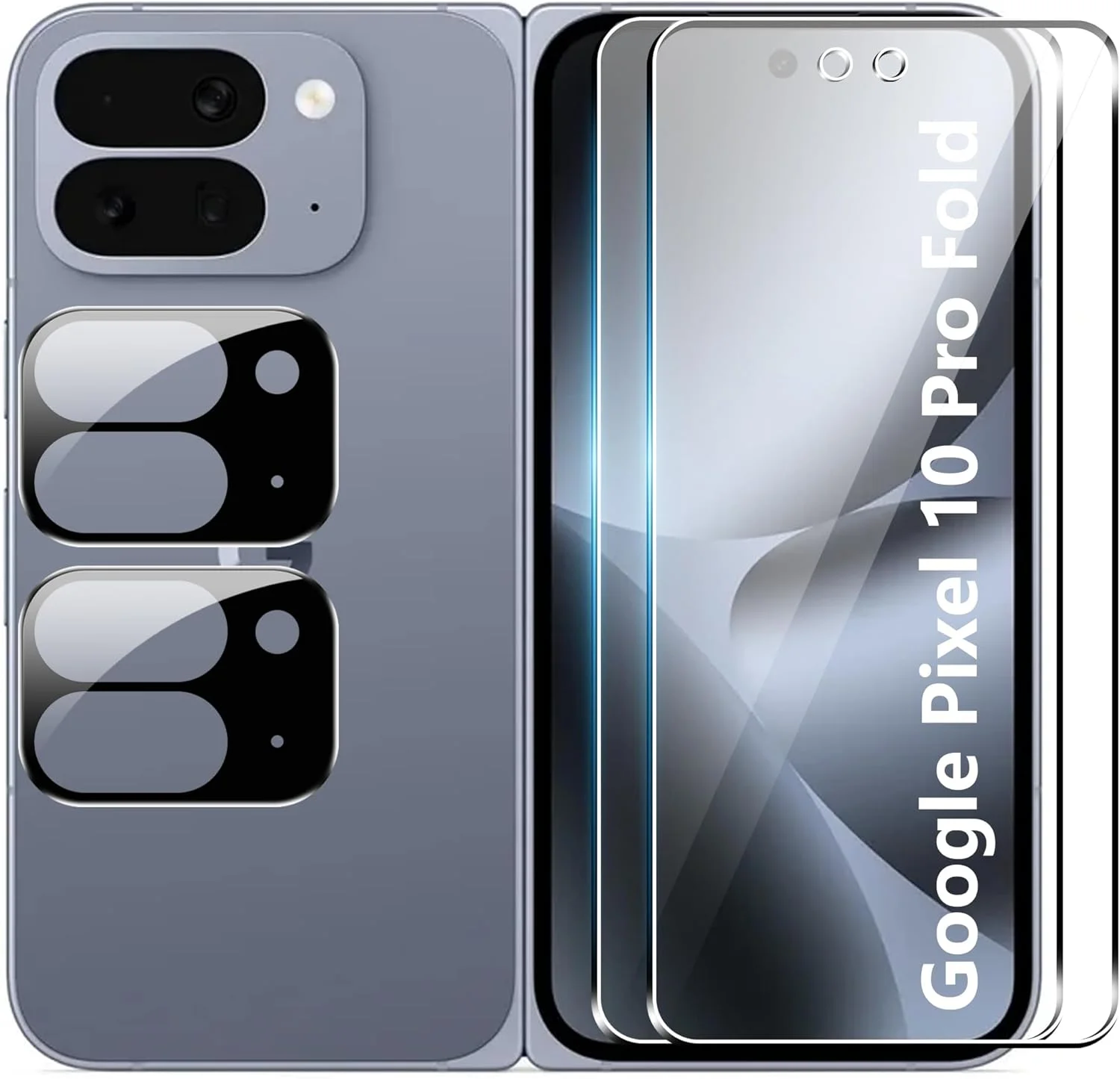 محافظ صفحه نمایش Gruattreay [بسته 2+2 عددی] سازگار با Google Pixel 10 Pro Fold به همراه محافظ لنز دوربین، پوشش کامل فیلم شیشه ای سخت شده 9H، شفافیت HD، ضد خش، بدون حباب