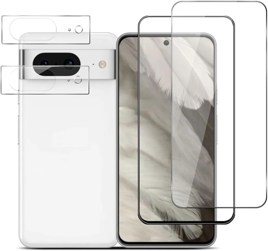 محافظ صفحه نمایش QINOUK برای گوگل پیکسل 8 ([بسته 2+2])، [بسته 2 عددی] محافظ صفحه نمایش تمام صفحه، [بسته 2 عددی] محافظ لنز دوربین شیشه ای حرارت دیده شفاف HD، [ضد خش]