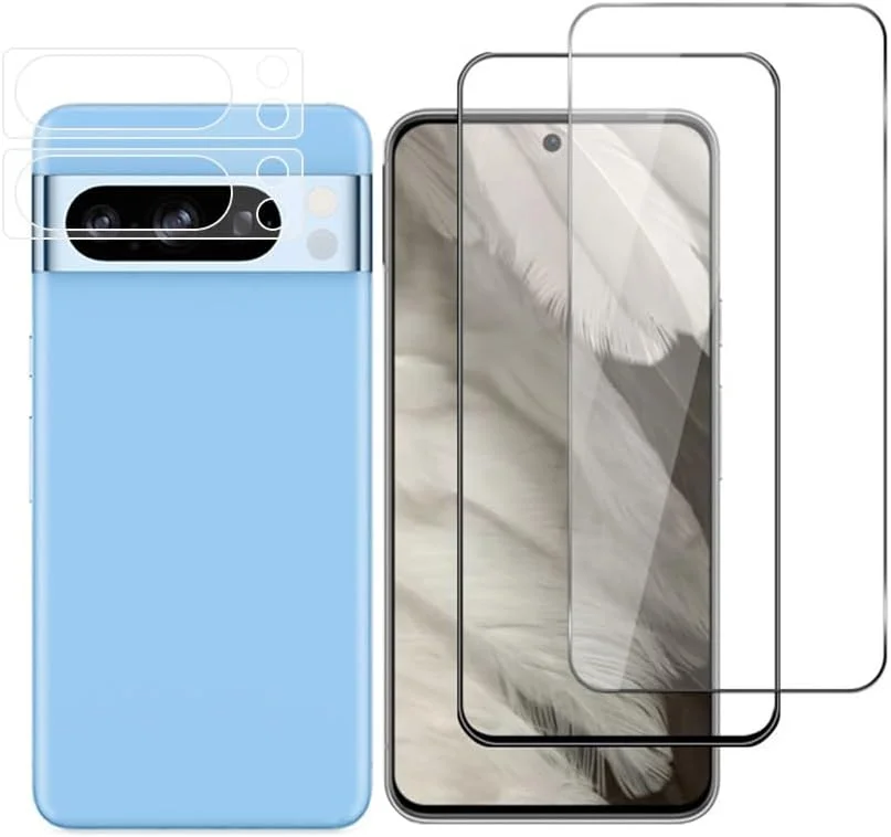محافظ صفحه نمایش QINOUK برای گوگل پیکسل 8 پرو [بسته 2+2]، [بسته 2 عددی] محافظ صفحه نمایش تمام صفحه، [بسته 2 عددی] محافظ لنز دوربین شیشه ای حرارت دیده شفاف HD، [ضد خش]