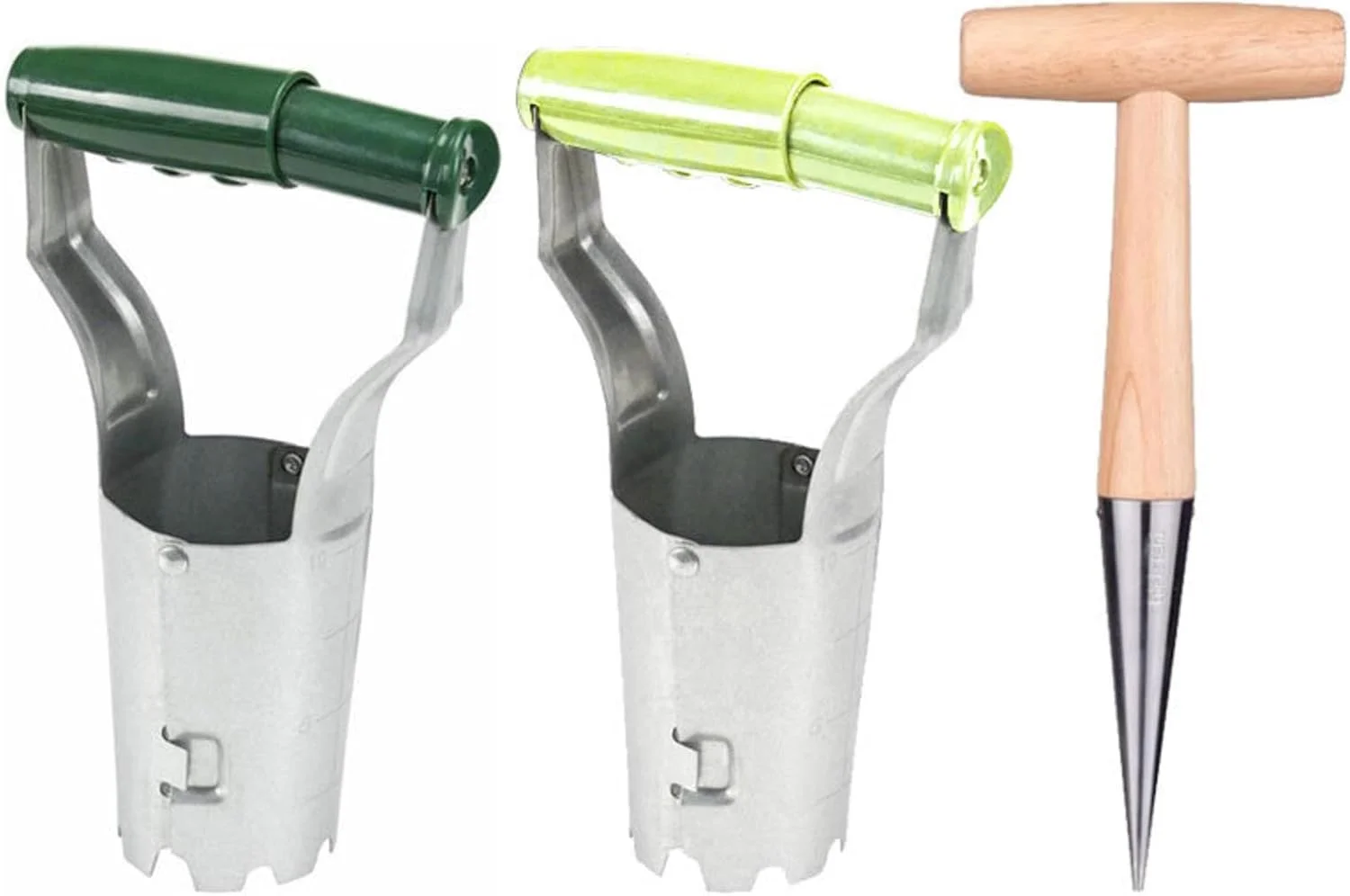 دستگاه کاشت نشاء استیل KAYNO، ابزار کشاورزی، پانچر، ابزار باغبانی، بیرون آورنده نشاء، دسته چوبی، پانچ سوراخ نوک تیز