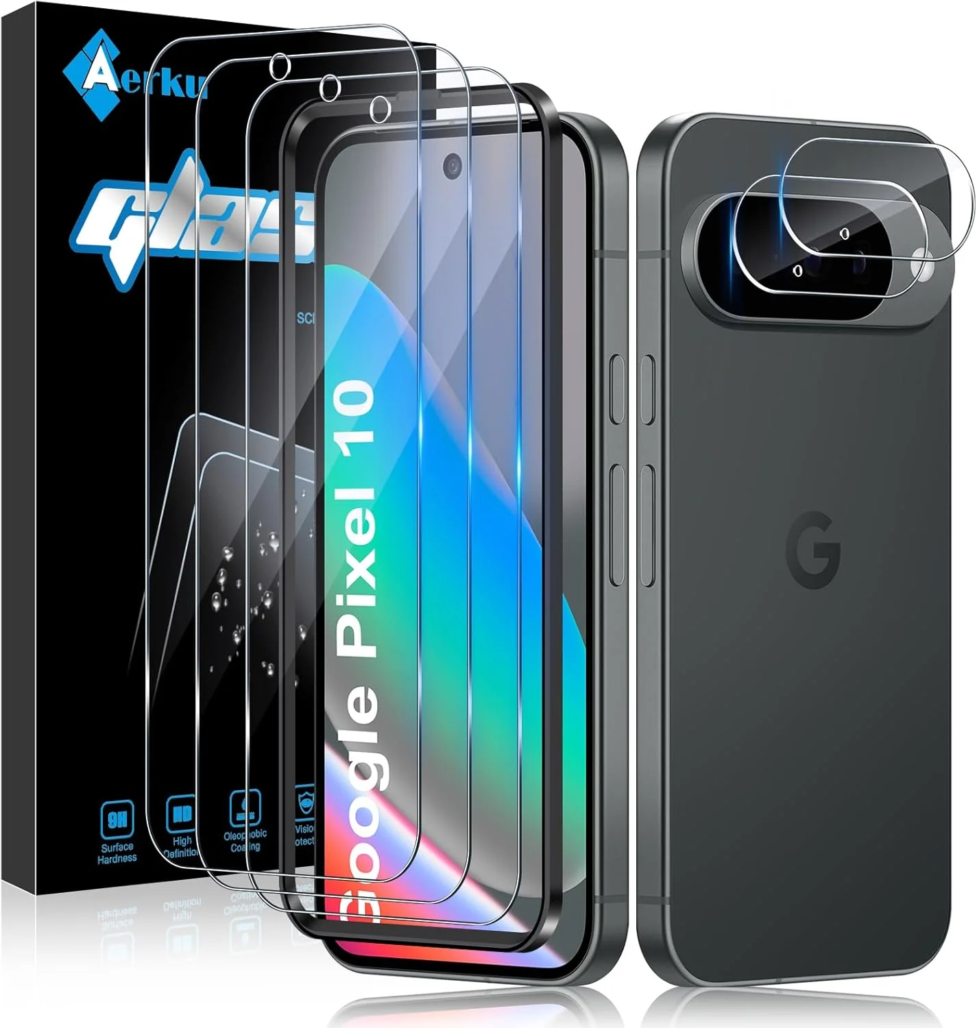 محافظ صفحه نمایش شیشه ای حرارت دیده Aerku برای گوگل پیکسل 10 به همراه محافظ دوربین پشتی [3+2 تکه]، سختی 9H، محافظ صفحه نمایش فوق العاده مقاوم با کیفیت Ultra HD
