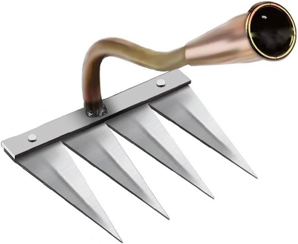 ابزار باغبانی RXEZI شامل چنگک آهنی، بیلچه باغبانی، چنگک وجین، ابزار کشاورزی، ابزار چنگ زدن و شل کردن خاک (4 دندانه بدون اهرم)