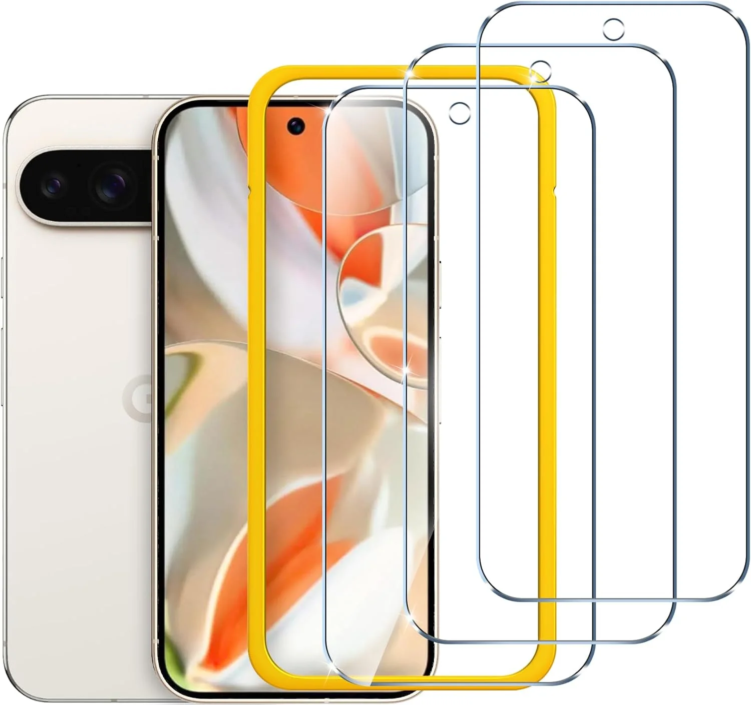 محافظ صفحه نمایش شیشه ای حرارت دیده iVoler بسته 3 عددی مناسب برای Google Pixel 9 Pro XL 2024 (6.8 اینچ) [سازگار با باز کردن قفل اثر انگشت] به همراه قاب نصب آسان، سختی 9H و بدون ایجاد حباب برای Pixel 9 Pro XL