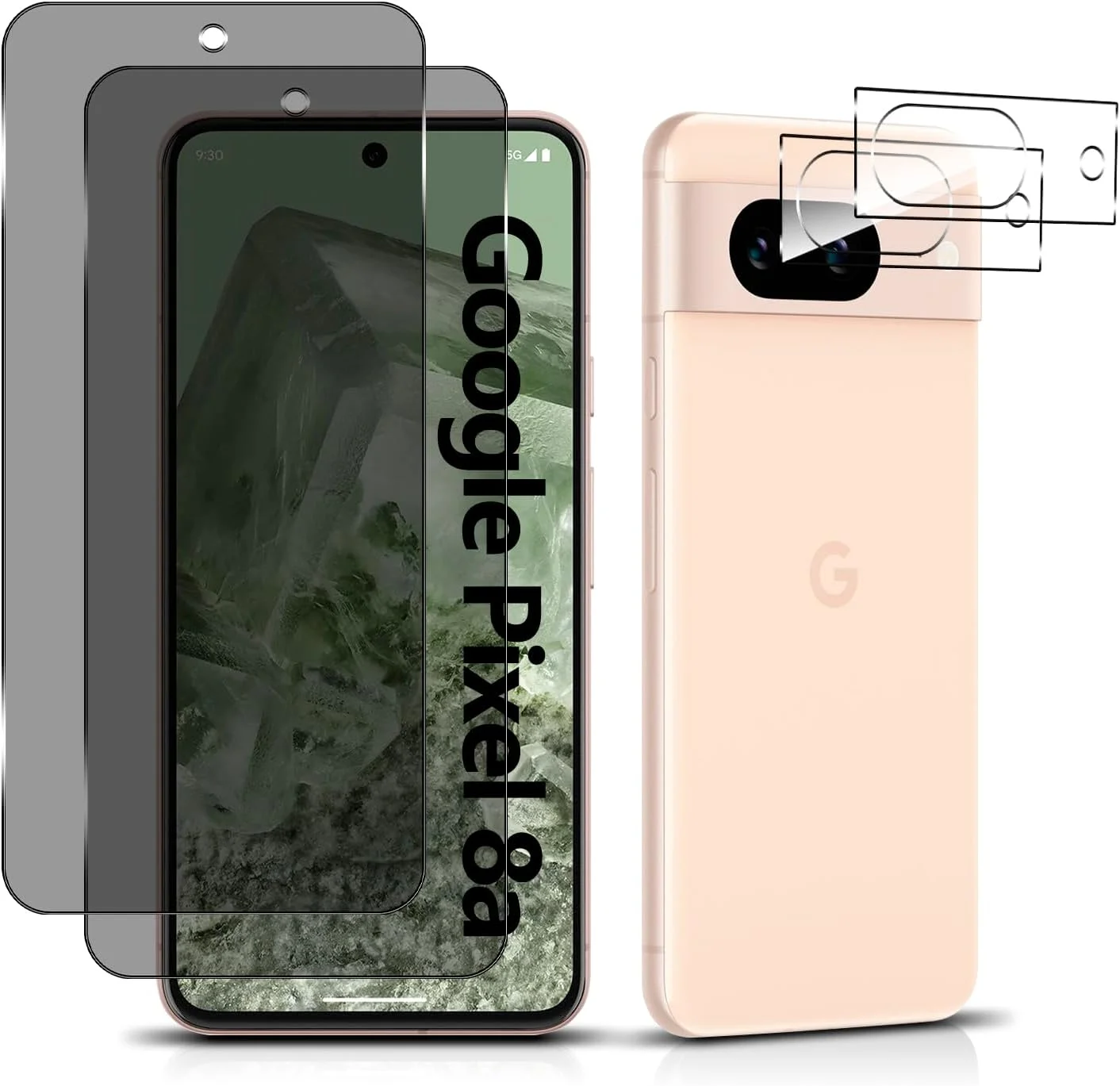 محافظ صفحه نمایش MiRowy سازگار با Google Pixel 8a، 2+2 عدد فیلم شیشه ای حرارت دیده 9H ضد جاسوسی و محافظ دوربین، محافظ صفحه نمایش ضد خش و ضد جاسوسی برای Google Pixel 8a