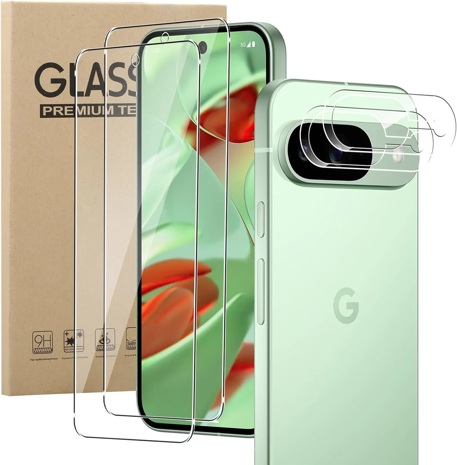 KZIOACSH Screen Protector for Google Pixel 9, [2+2 Pack] 9H Hardness[Anti-Scratch] Front Screen Tempered Glass HD Clear [Bubble Free] Protective Cover Film with Camera Lens Protector