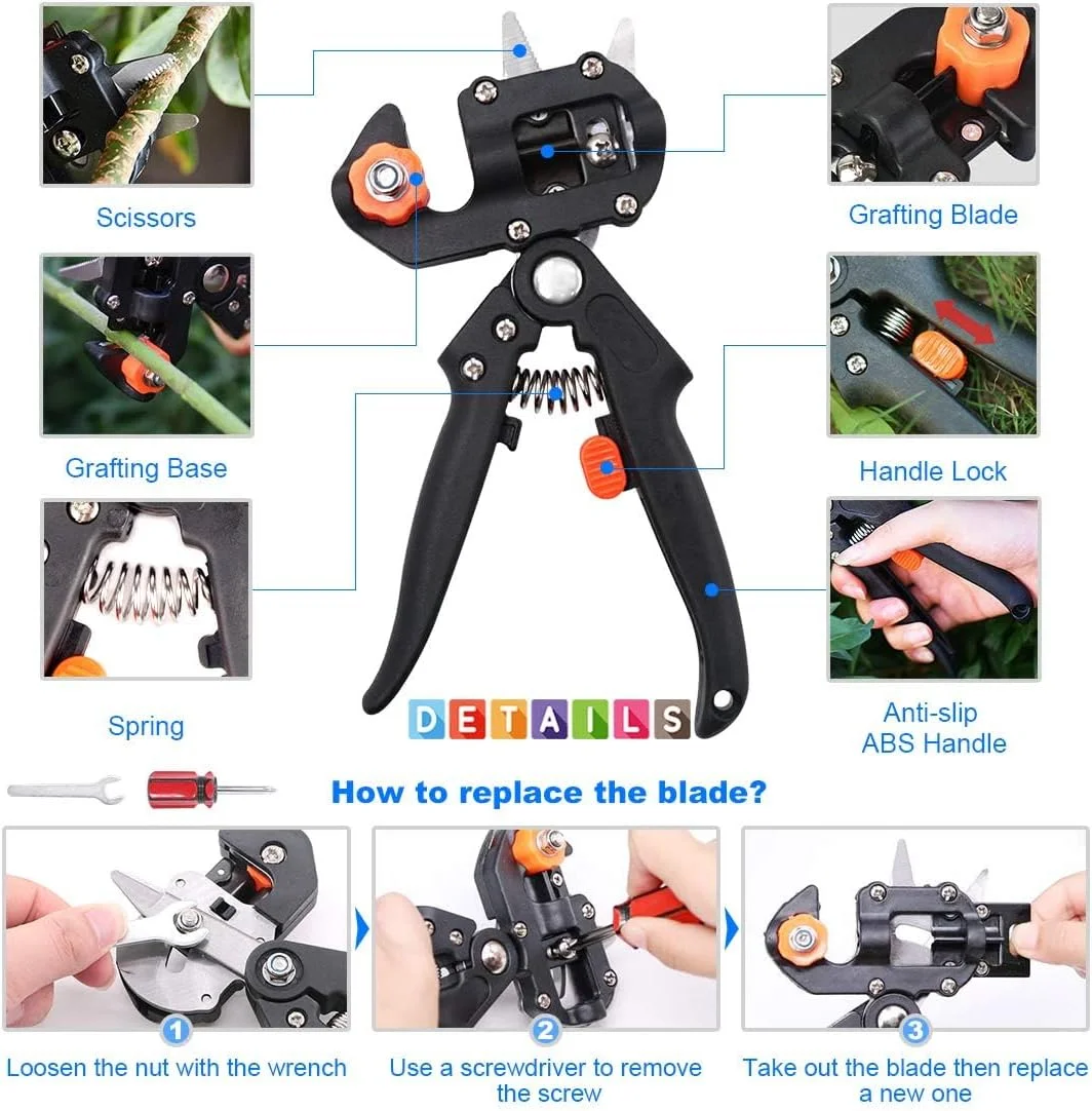 ابزار پیوند زنی باغبانی eWINNER، کیت هرس با 3 تیغه قابل تعویض، نوار پیوند و کش های لاستیکی، برای کیت ابزار برش درخت میوه، شاخه و تاک گیاهان گلخانه ای