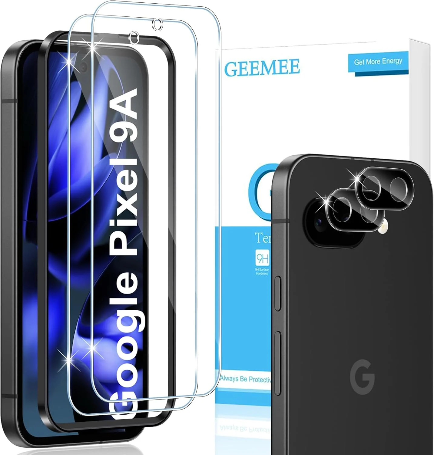 محافظ صفحه نمایش شیشه ای حرارت دیده GEEMEE 2 + 2 عددی برای فیلم Google Pixel 9A، محافظ صفحه نمایش + فیلم دوربین، سختی 9H HD ضد خش، محافظ صفحه نمایش ضد اثر انگشت