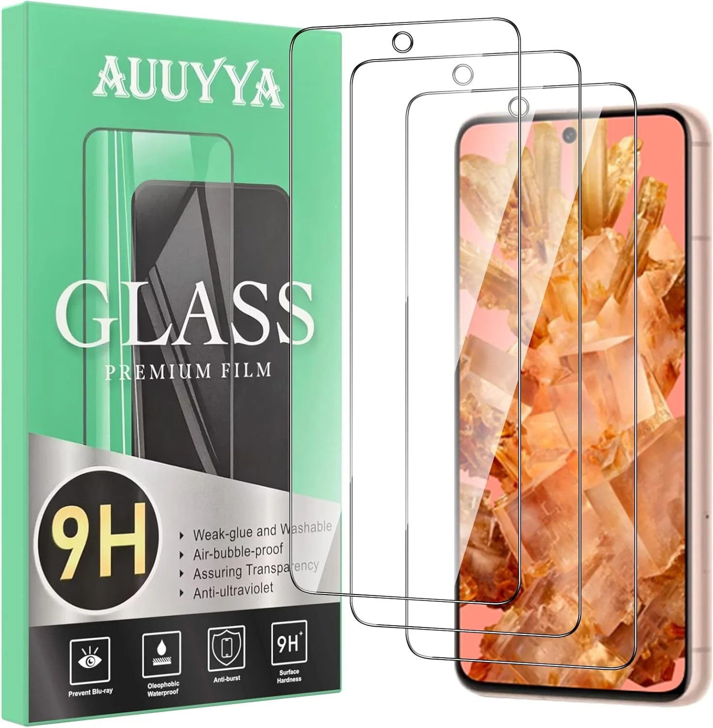 محافظ صفحه نمایش شیشه ای حرارت دیده 3 عددی AUUYYA برای گوگل پیکسل 8، [سختی 9H] [ضد اثر انگشت] [بدون حباب]، فیلم محافظ ضد خش و افتادن فوق العاده برای پیکسل 8 (نه برای پیکسل 8a)، نصب آسان