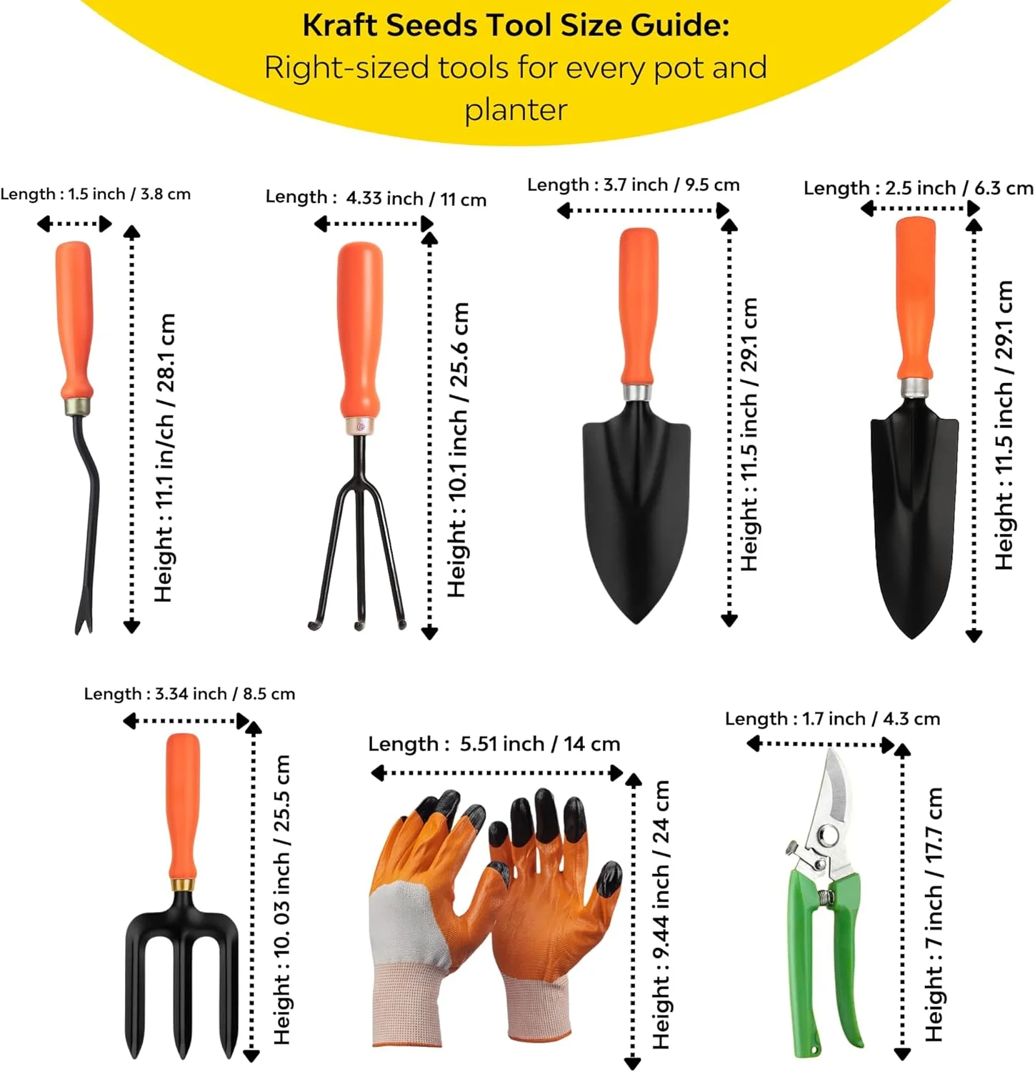 کیت باغبانی Kraft Seeds - 7 تکه (کولتیواتور دستی، چنگال دستی، بیلچه بزرگ، وجین کن کوچک، دستکش باغبانی، قیچی باغبانی) | دسته های ارگونومیک نارنجی، تیغه های فلزی مشکی کیت باغبانی Kraft Seeds - 7 تکه (کولتیواتور دستی، چنگال دستی، بیلچه بزرگ، وجین کن کوچک، دستکش باغبانی، قیچی باغبانی) | دسته های ارگونومیک نارنجی، تیغه های فلزی مشکی