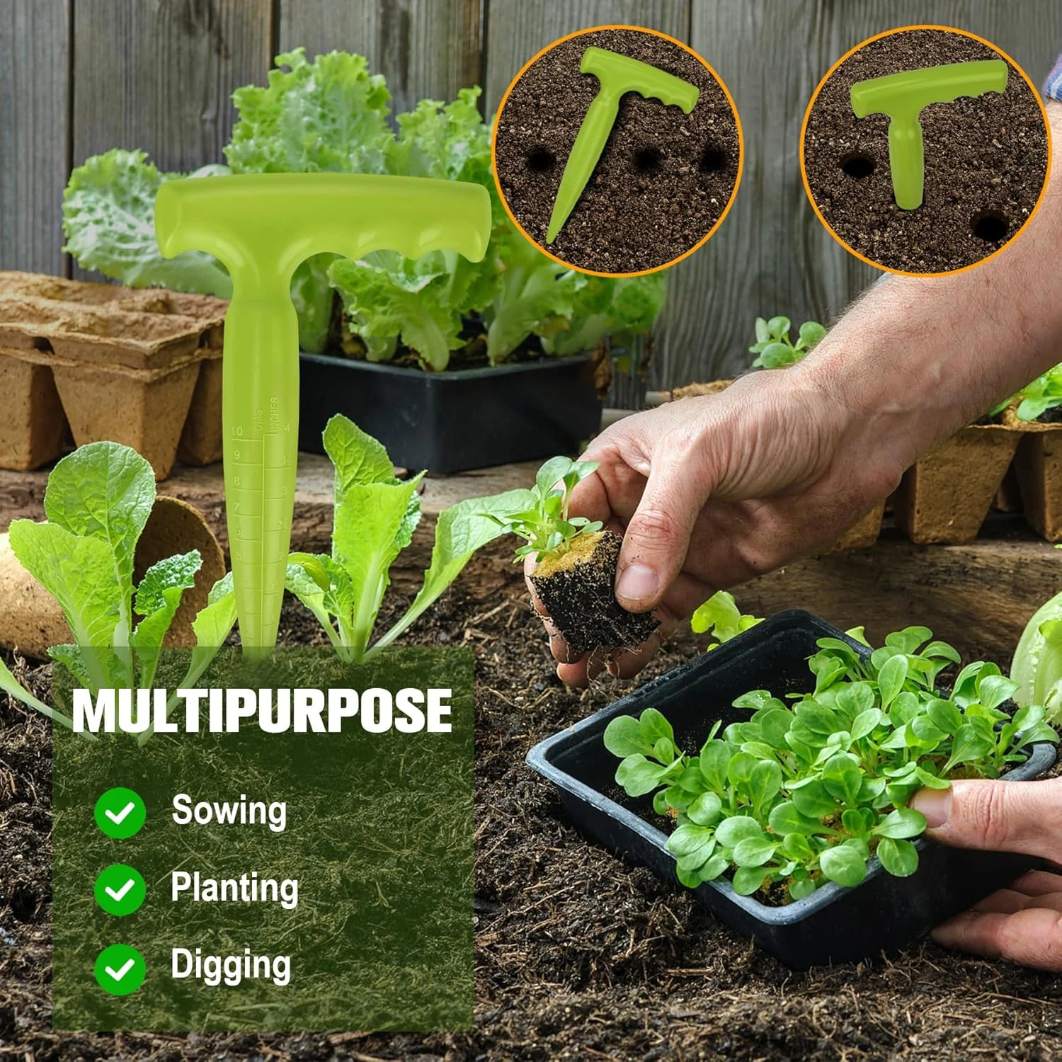 ابزار کاشت نشا میلی فاکس، ابزار بذر نشا با مقیاس اندازه گیری برای کاشت، پخش کننده پلاستیکی برای کاشت سبزیجات و گل (سبز فلورسنت)