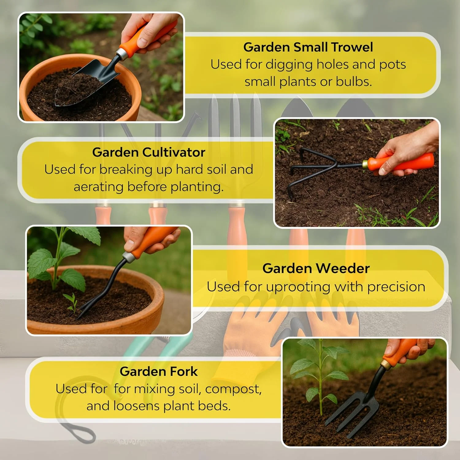کیت باغبانی Kraft Seeds - 7 تکه (کولتیواتور دستی، چنگال دستی، بیلچه بزرگ، وجین کن کوچک، دستکش باغبانی، قیچی باغبانی) | دسته های ارگونومیک نارنجی، تیغه های فلزی مشکی کیت باغبانی Kraft Seeds - 7 تکه (کولتیواتور دستی، چنگال دستی، بیلچه بزرگ، وجین کن کوچک، دستکش باغبانی، قیچی باغبانی) | دسته های ارگونومیک نارنجی، تیغه های فلزی مشکی