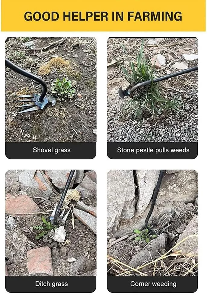 ابزار علف‌کن دستی باغبانی JZS، ابزار ریشه‌کن علف‌های هرز، ابزار علف‌کن دستی فولادی منگنز بادوام، ابزار باغبانی چند منظوره دستی برای حیاط و باغ (4 دندانه)