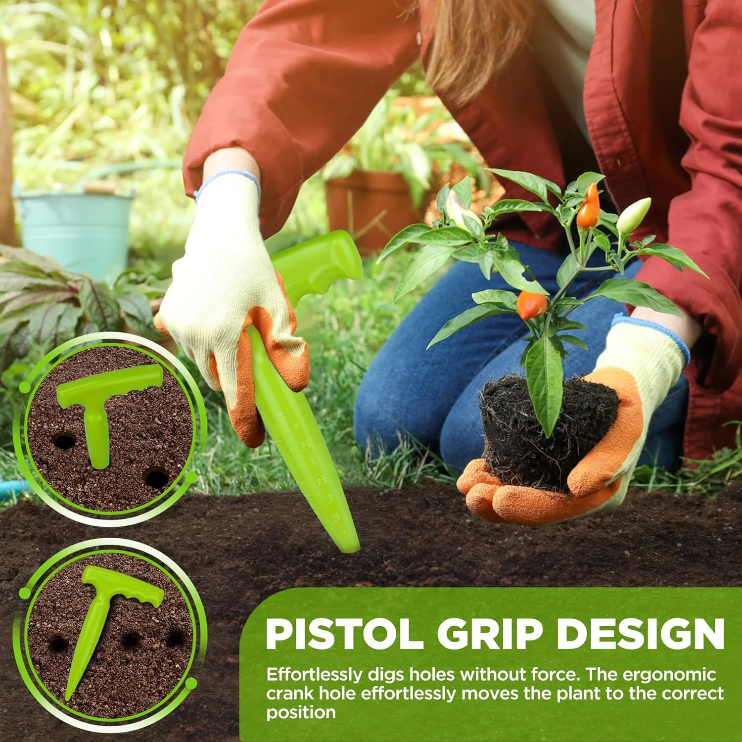 ابزار کاشت نشا میلی فاکس، ابزار بذر نشا با مقیاس اندازه گیری برای کاشت، پخش کننده پلاستیکی برای کاشت سبزیجات و گل (سبز فلورسنت)