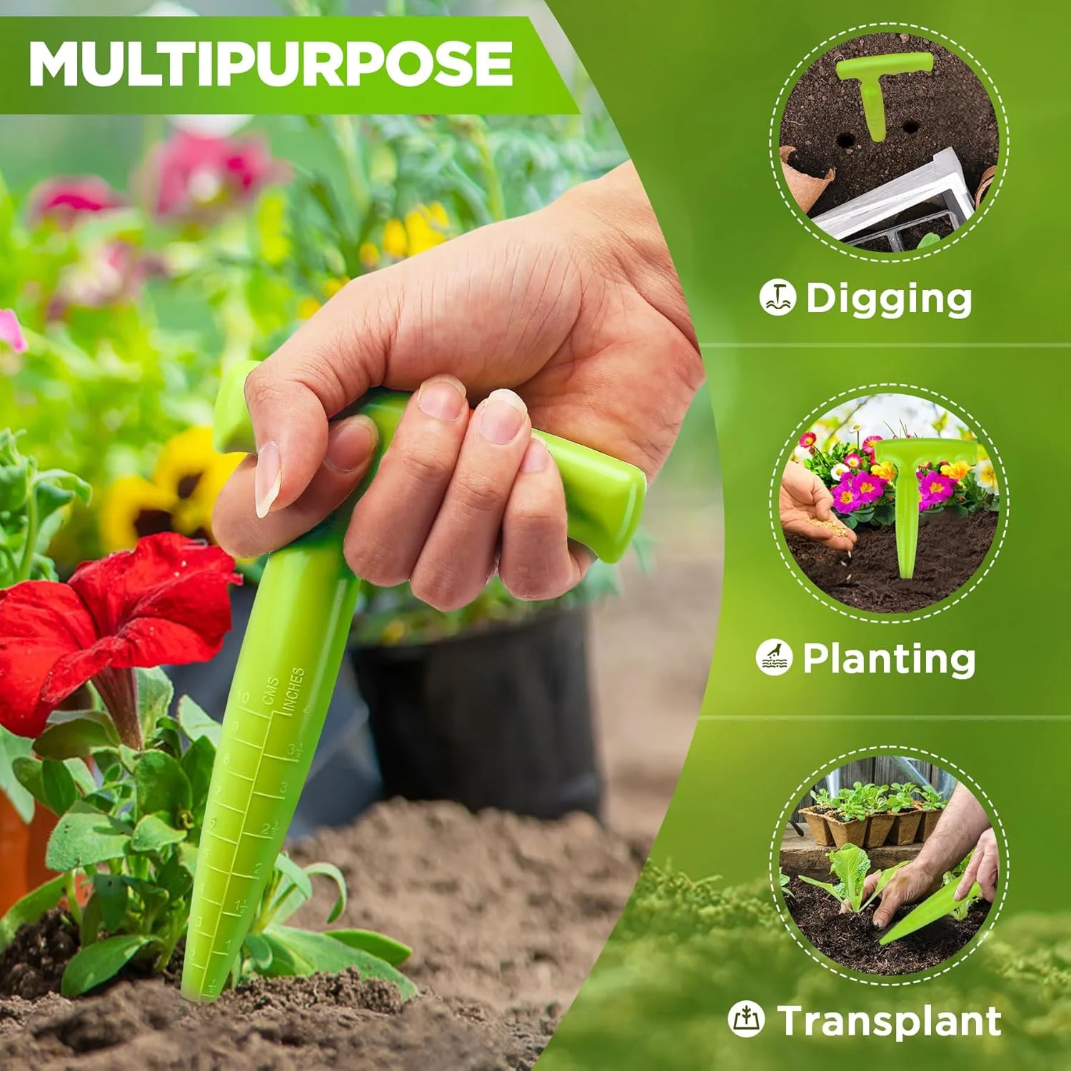 ابزار کاشت نشا میلی فاکس، ابزار بذر نشا با مقیاس اندازه گیری برای کاشت، پخش کننده پلاستیکی برای کاشت سبزیجات و گل (سبز فلورسنت)