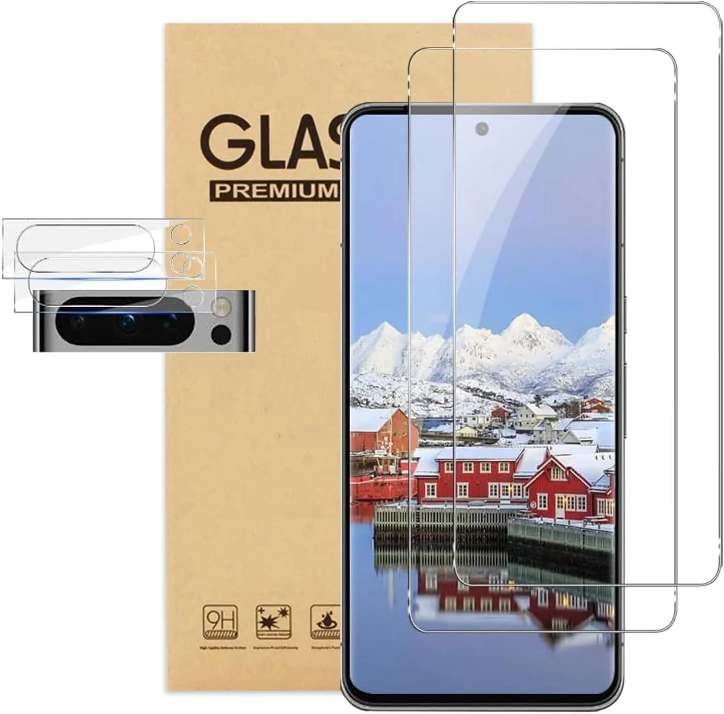 محافظ صفحه نمایش [2+2] کیایلی سازگار با گوگل پیکسل 8 پرو، 2 عدد محافظ صفحه نمایش + 2 عدد محافظ لنز دوربین، خمیده سه بعدی HD، شیشه حرارت دیده 9H، پشتیبانی از اثر انگشت اولتراسونیک