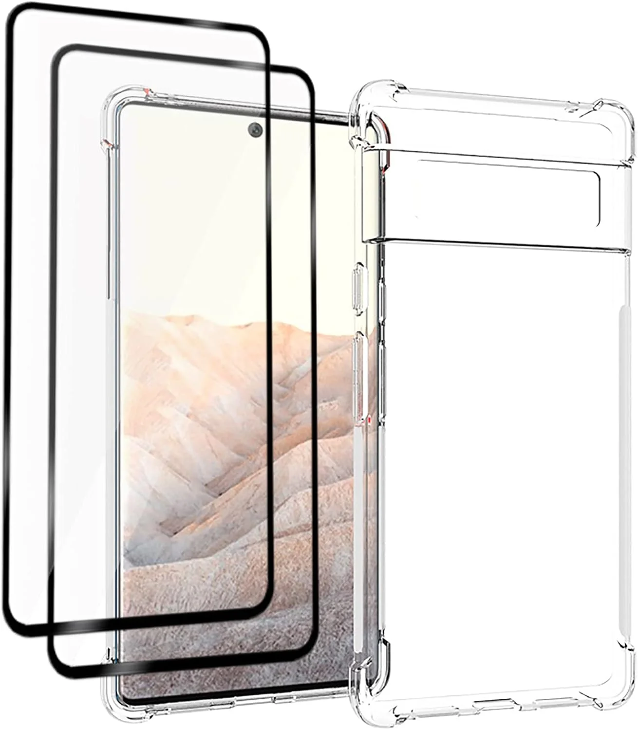 کاور گوشی GMUJIAO برای گوگل پیکسل 6 XL، به همراه 2 عدد محافظ صفحه نمایش شیشه ای حرارت دیده [2 در 1]، کاور گوشی TPU نرم و شفاف ضد ضربه - مشکی