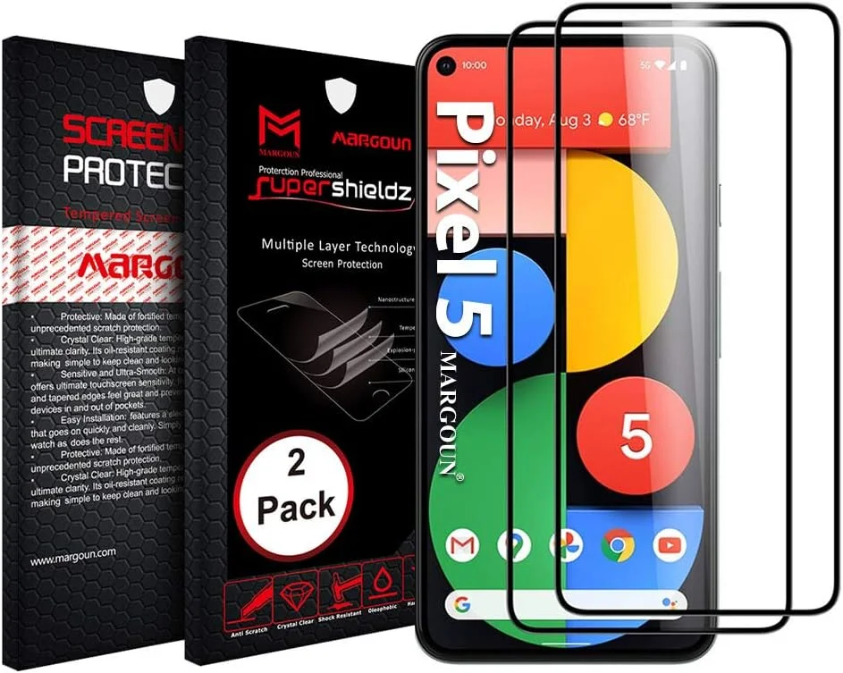 محافظ صفحه نمایش شیشه ای حرارت دیده مارگون، بسته 2 عددی، مناسب برای گوگل پیکسل 5 (2020)، بدون حباب، شفافیت HD، پوشش کامل، حاشیه مشکی