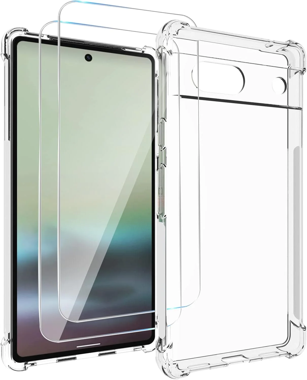 کاور ژله ای GMUJIAO برای گوشی گوگل پیکسل 7A به همراه 2 عدد محافظ صفحه نمایش شیشه ای حرارت دیده [2 در 1]، کاور شفاف TPU نرم و ضد ضربه