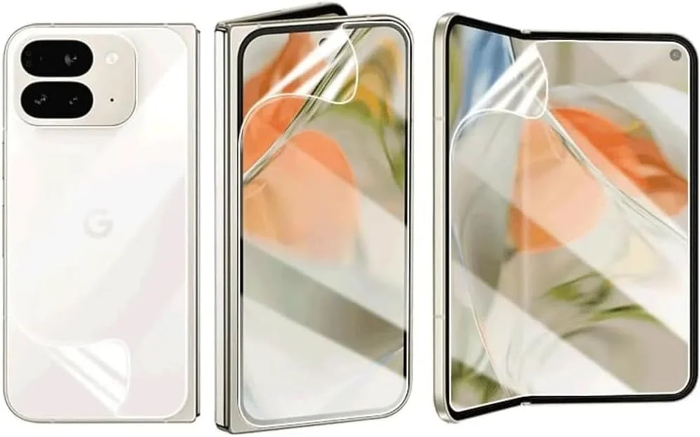 یک ست فیلم هیدروژل بسیار حساس 3 در 1 سازگار با Google Pixel 9 Pro Fold 5G 2024، فیلم نرم و انعطاف پذیر محافظ صفحه نمایش TPU شفاف، باز کردن قفل اثر انگشت، ضد انفجار [نه شیشه حرارت دیده]