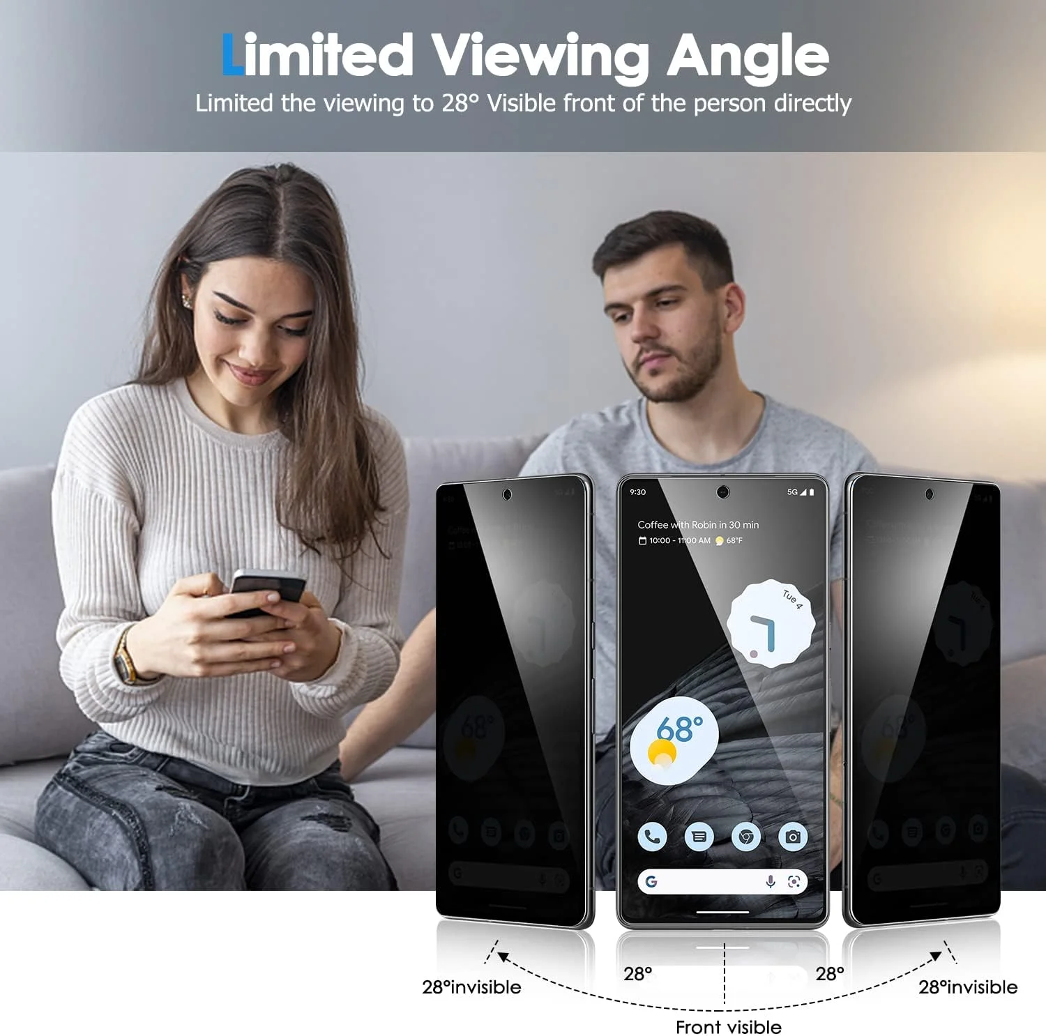 محافظ صفحه نمایش حریم خصوصی LYWHL [بسته 2+2] برای گوگل پیکسل 7 به همراه محافظ لنز دوربین، شیشه حرارت دیده ضد جاسوسی و ضد خش با سختی 9H برای پیکسل 7 6.3 اینچی [عدم پشتیبانی از باز کردن قفل با اثر انگشت]