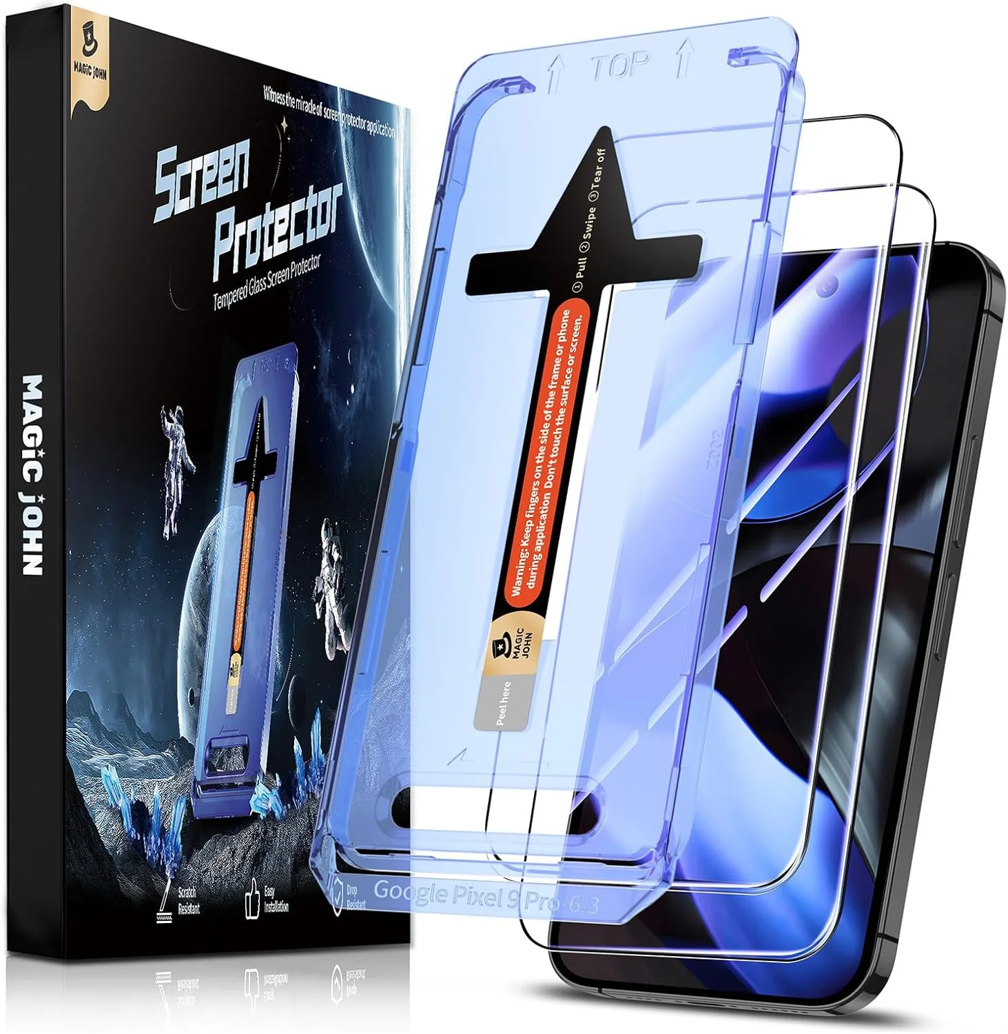 محافظ صفحه نمایش MAGIC JOHN بسته 2 عددی برای گوگل پیکسل 9/9 پرو (6.3 اینچ)، حذف خودکار گرد و غبار، سختی 9H، شفافیت HD، بدون حباب، نصب آسان