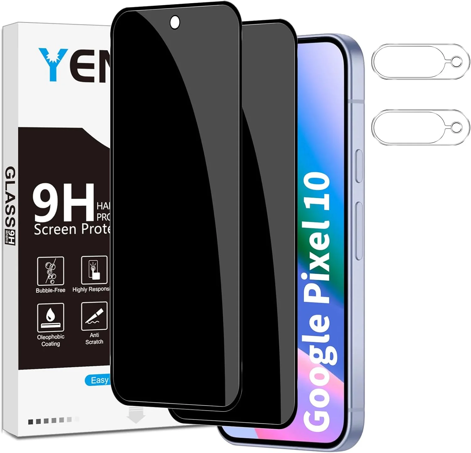 محافظ صفحه نمایش حریم خصوصی Yenwen برای گوگل پیکسل 10، 2 عدد شیشه حرارت دیده ضد جاسوسی + 2 عدد محافظ دوربین، سختی 9H ضد خش و بدون حباب