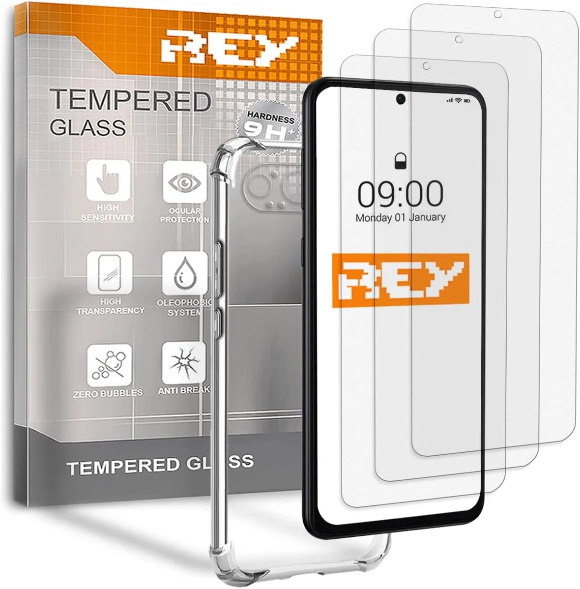 محافظ صفحه نمایش ضد ضربه REY مدل 3x برای Google Pixel 9 Pro XL، شیشه حرارت دیده و TPU سیلیکونی با مقاومت بالا