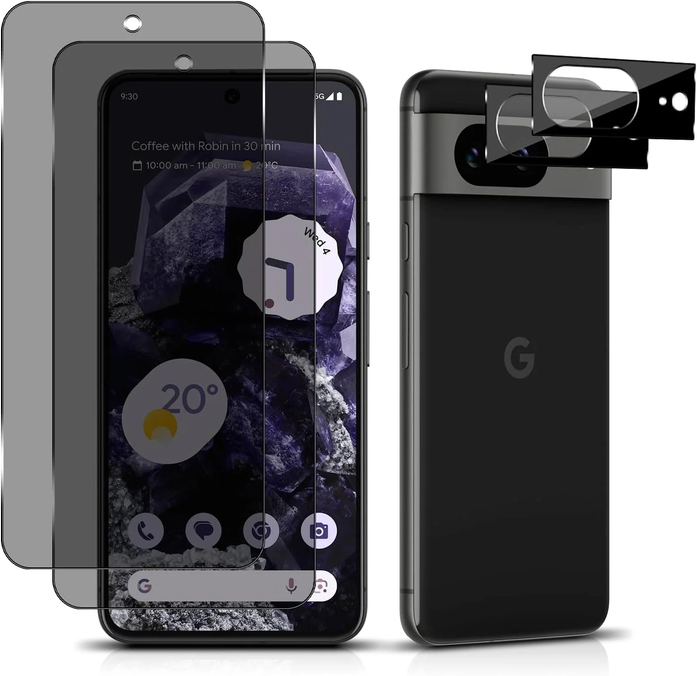 محافظ صفحه نمایش MiRowy سازگار با Google Pixel 8، 2+2 عدد فیلم شیشه ای حرارت دیده 9H ضد جاسوسی و محافظ دوربین، محافظ صفحه نمایش ضد خش و ضد جاسوسی برای Google Pixel 8