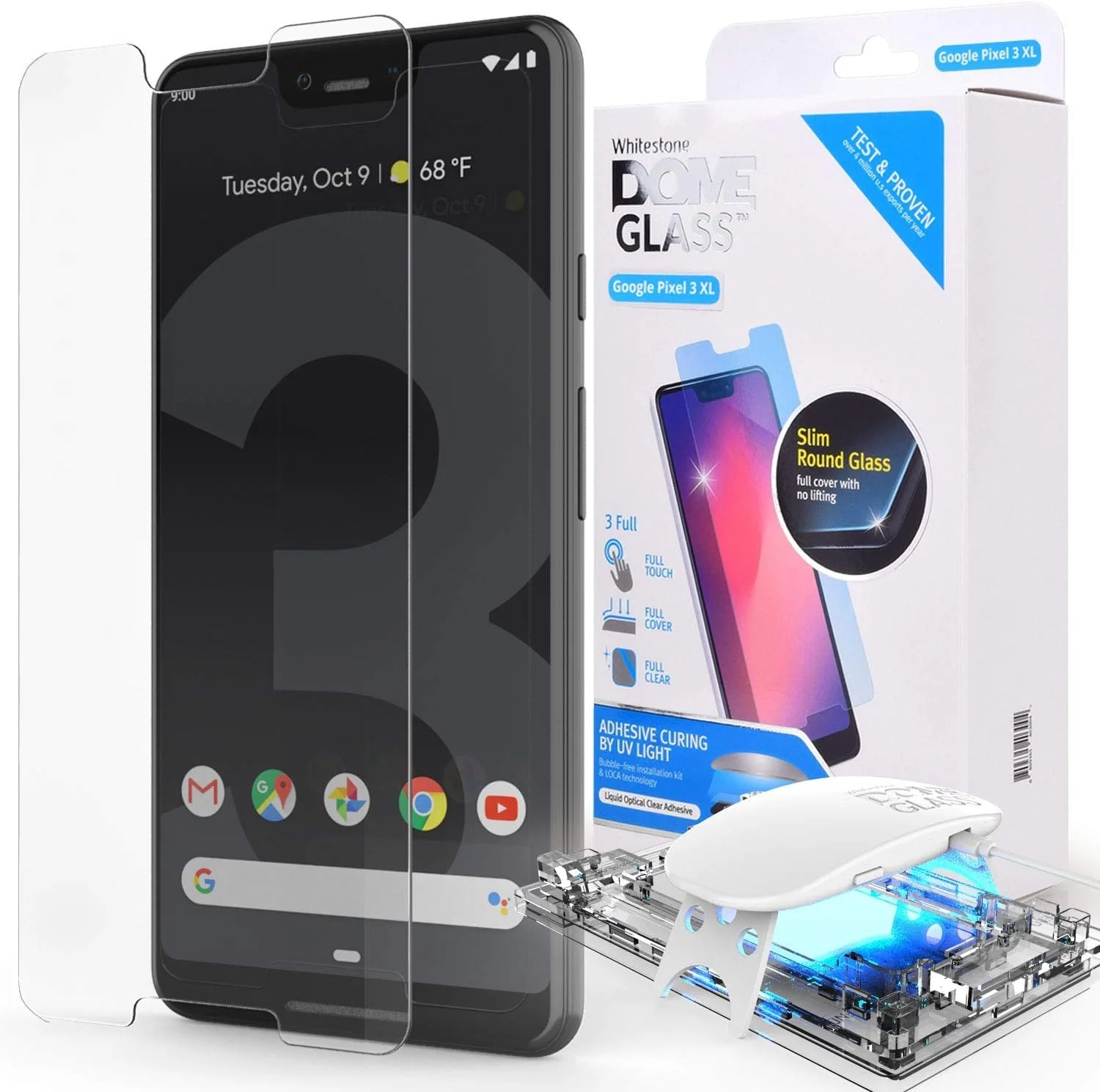 محافظ صفحه نمایش شیشه ای Dome Glass برای Google Pixel 3 XL، فناوری پخش مایع برای پوشش کامل لبه های صفحه نمایش، نصب آسان با نور UV توسط Whitestone برای Google Pixel 3XL - یک عدد