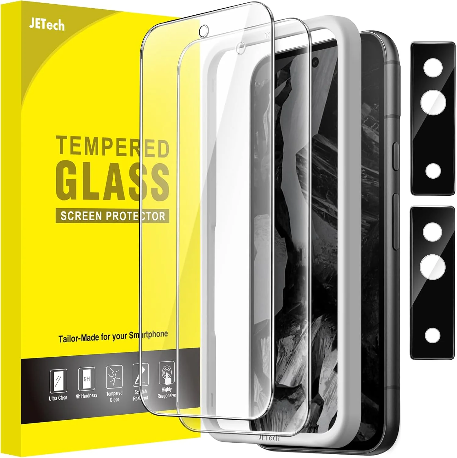 محافظ صفحه نمایش JETech برای گوگل پیکسل 8a 6.1 اینچی به همراه محافظ لنز دوربین، ابزار نصب آسان، سازگار با اثر انگشت، فیلم شیشه ای حرارت دیده، شفاف HD، 2 عدد در هر بسته